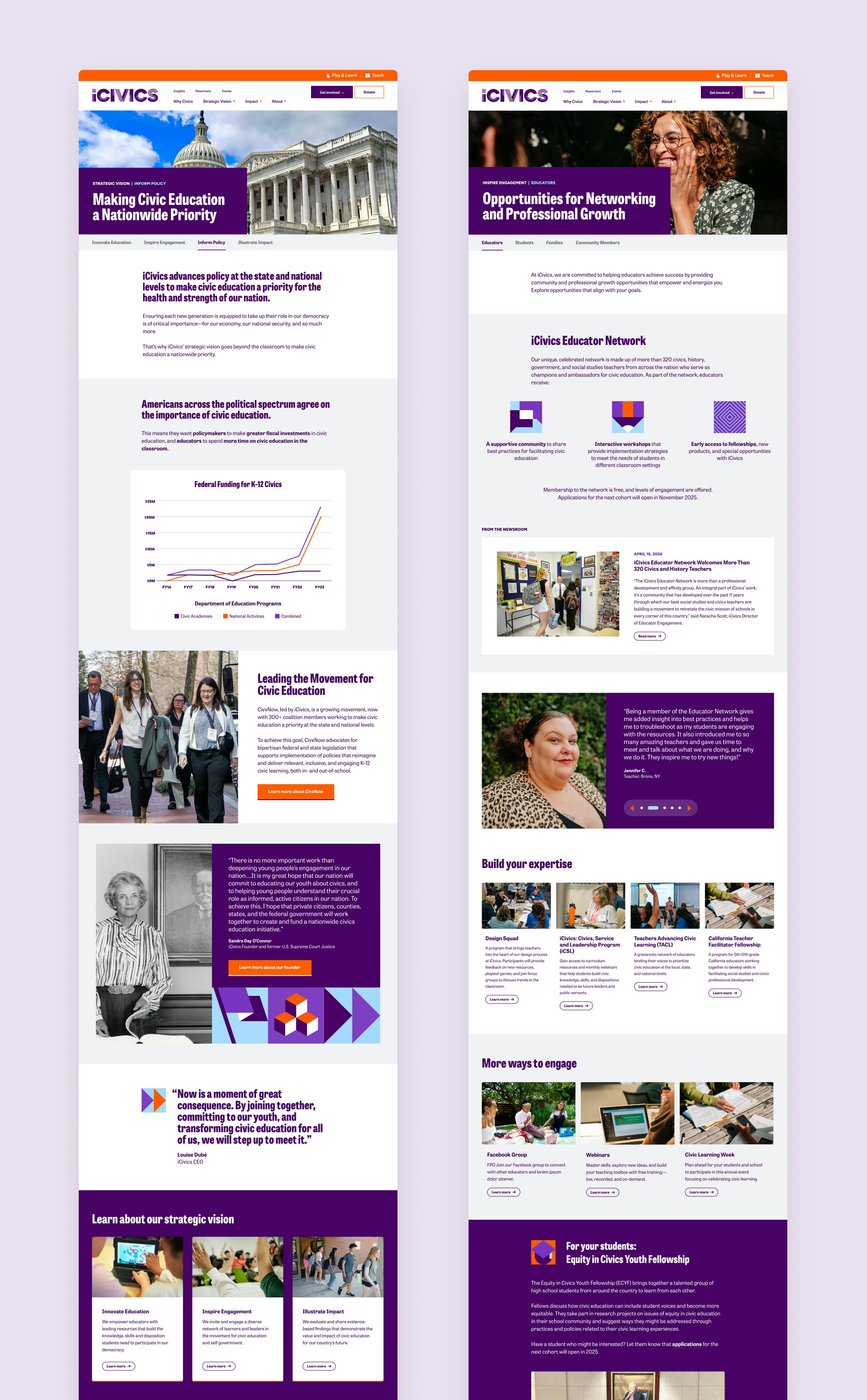 side by side images of iCivics Vision website pages