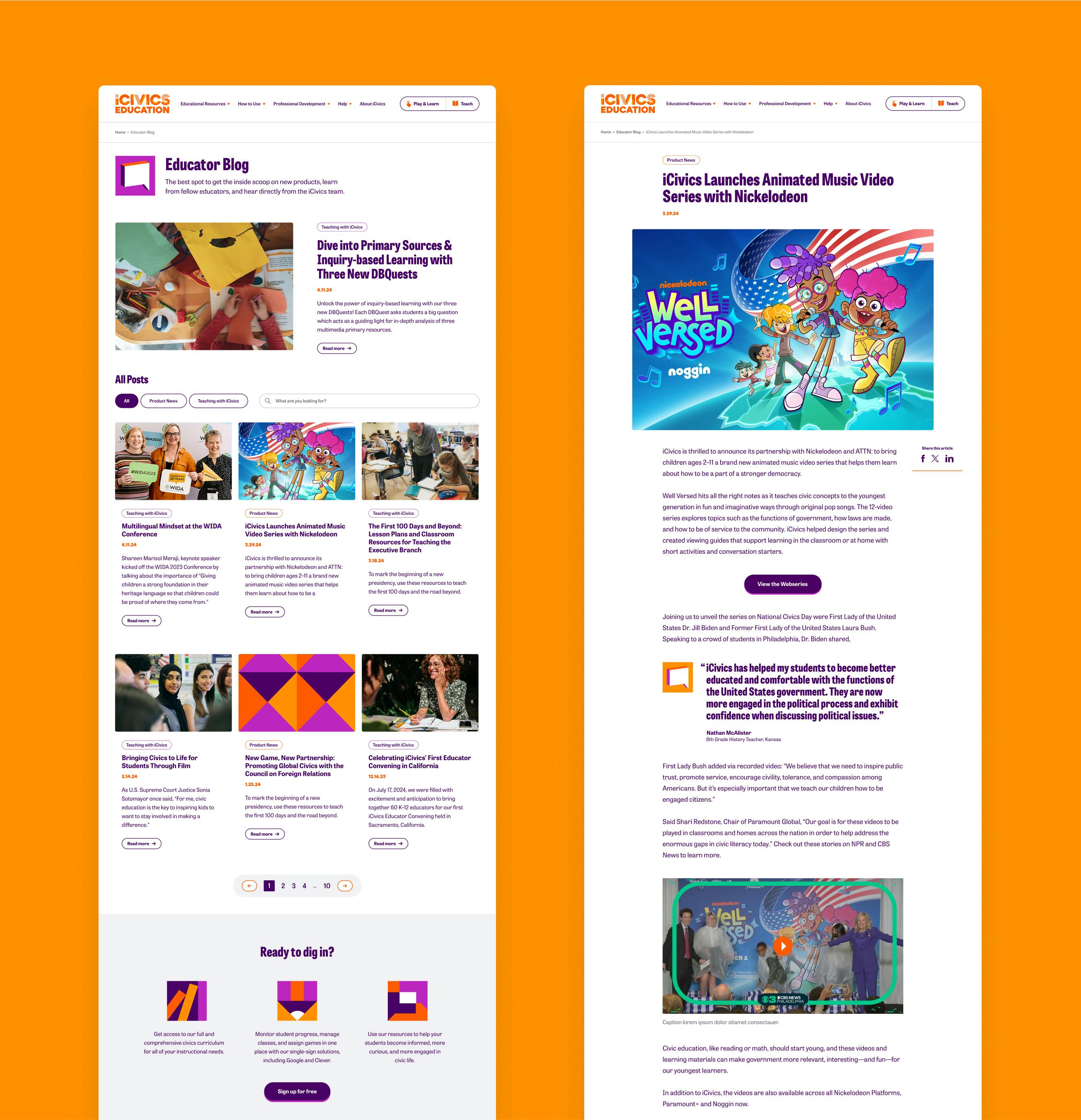 side-by-side images of educator blog on the iCivics Education website desktop view