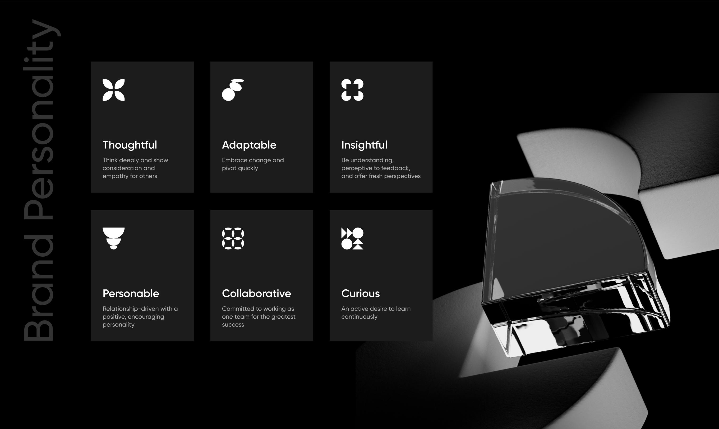 Black image with 3D shapes and Flo. Marketing brand personality described in 6 attributes: Thoughtful, Approachable, xxxx