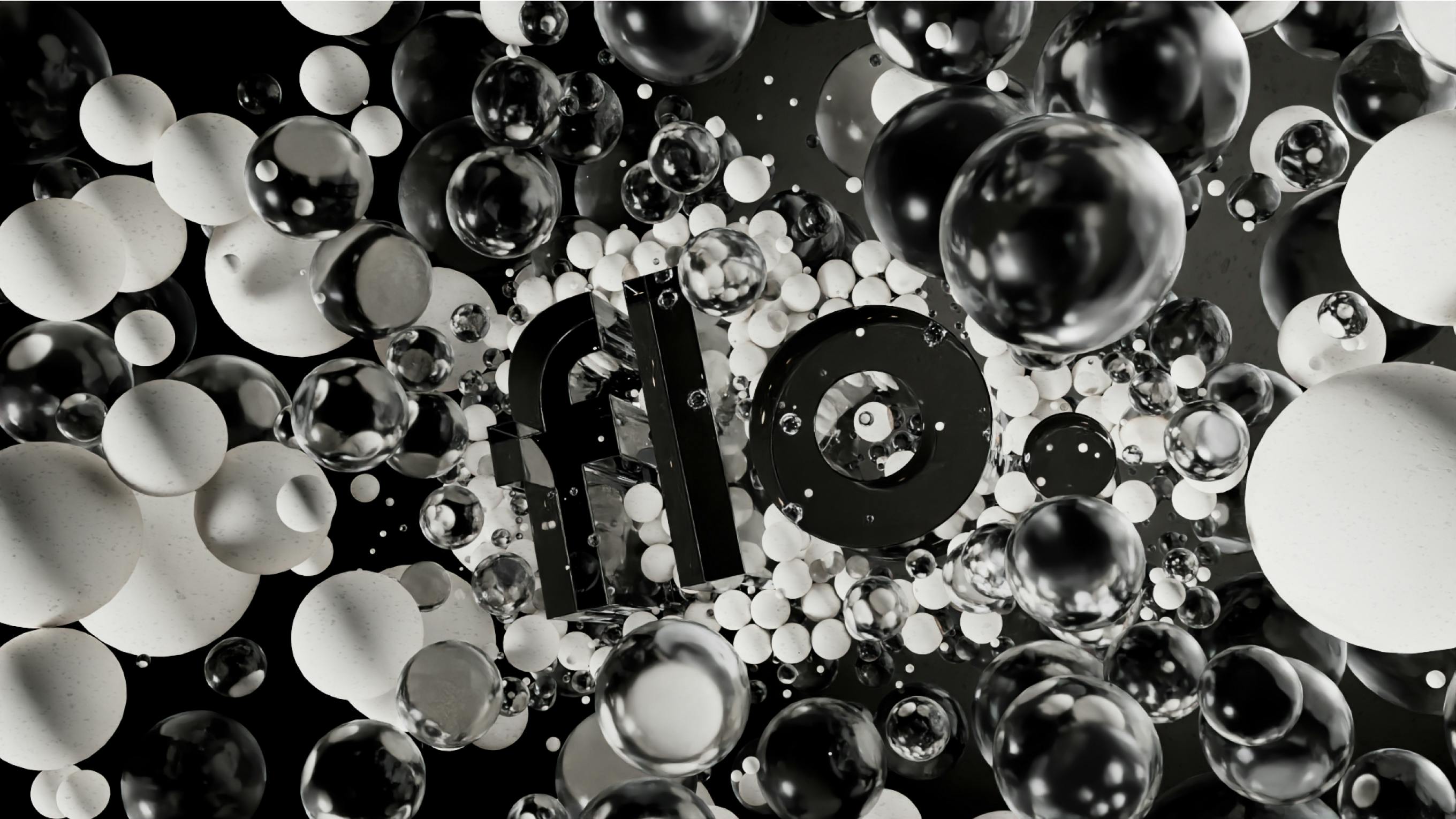 A black and white 3d render of the Flo logo in glassy black materials floating amid a cloud of stone and glass spheres of different sizes