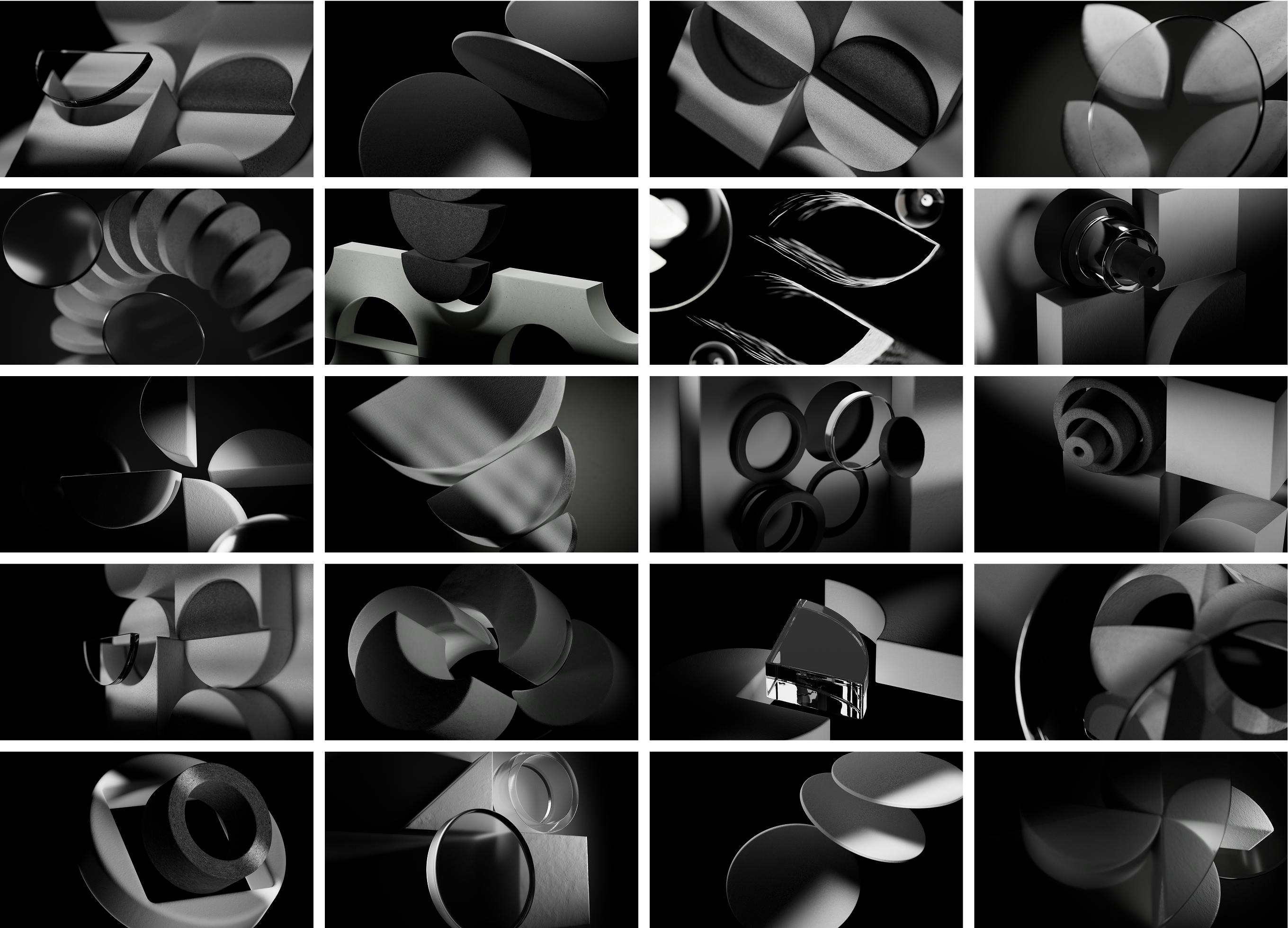 A grid of black and white images depicting 3D renders of icons from the Flo. icon library, made of stone and glass materials