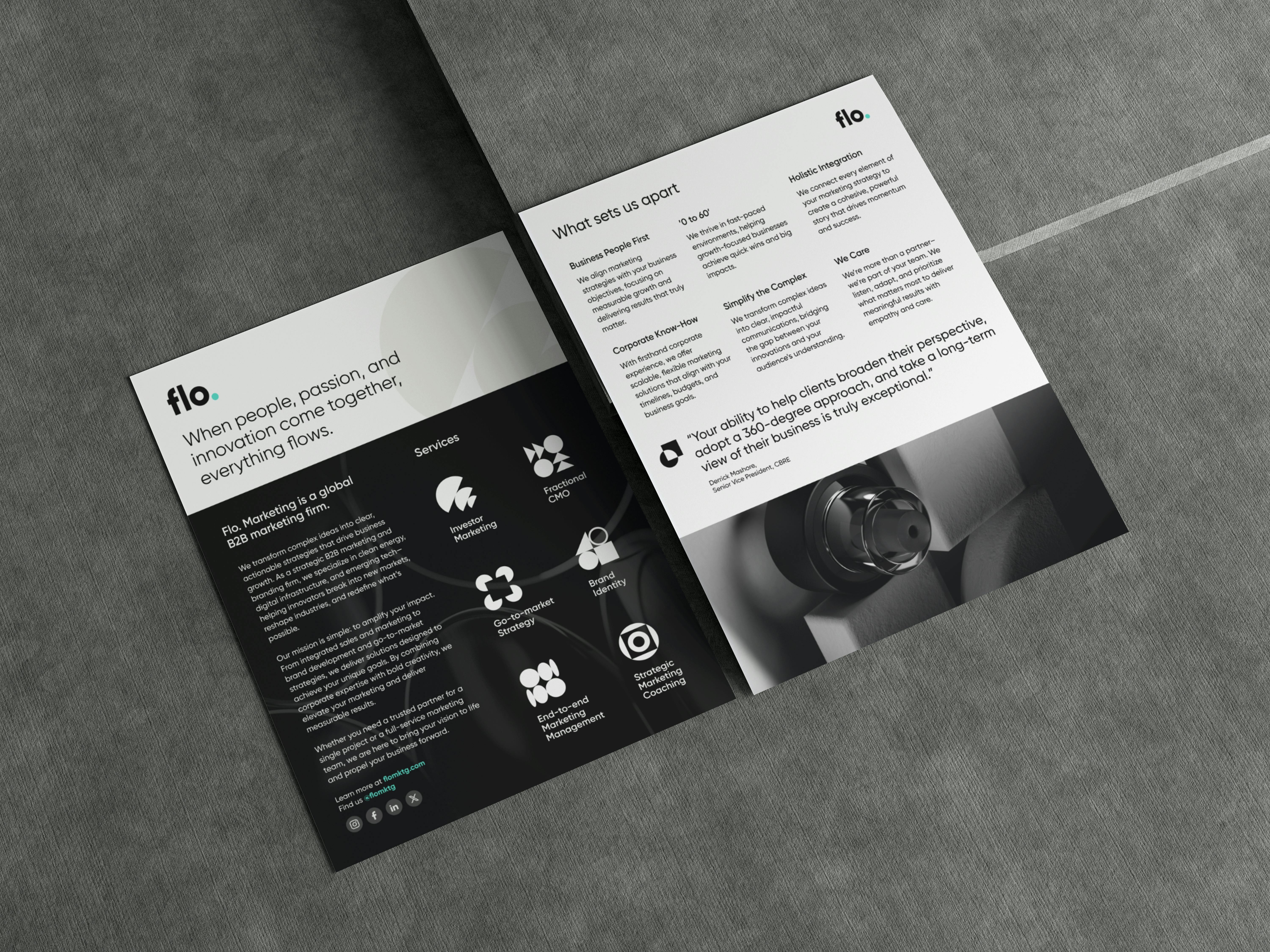 Front and back of a branded black and white marketing one sheet using Flo icons and 3d render image