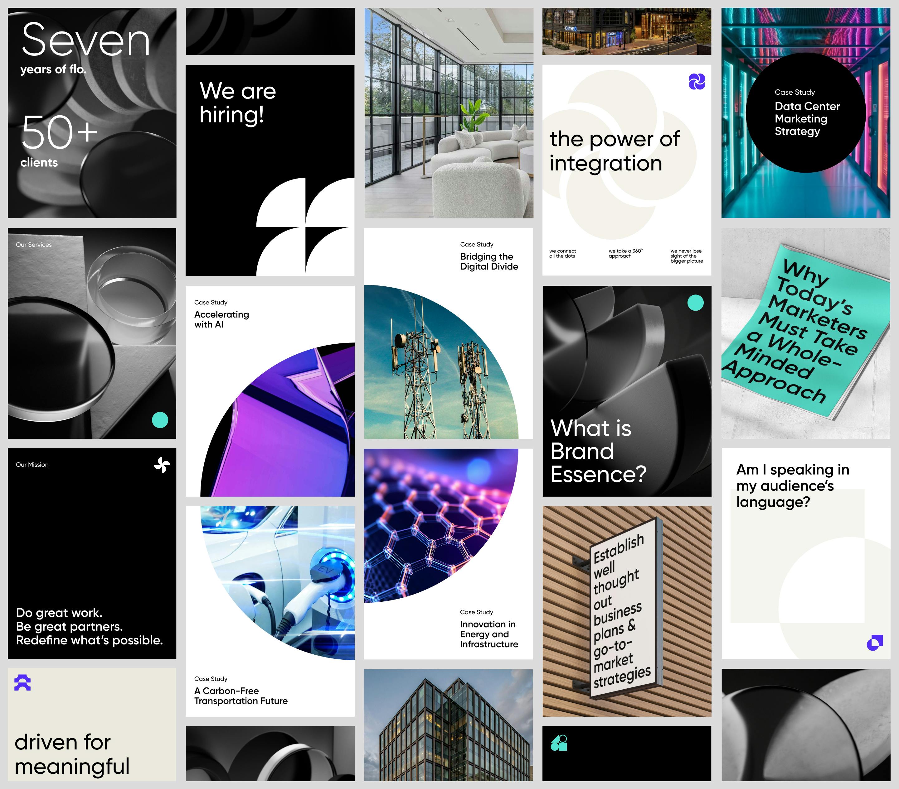 A collage of Flo. branded instagram posts using brand fonts, icons, mint green, purple, tech photography, 3D renders of icon shapes, and thought leadership copy on marketing and brand strategy
