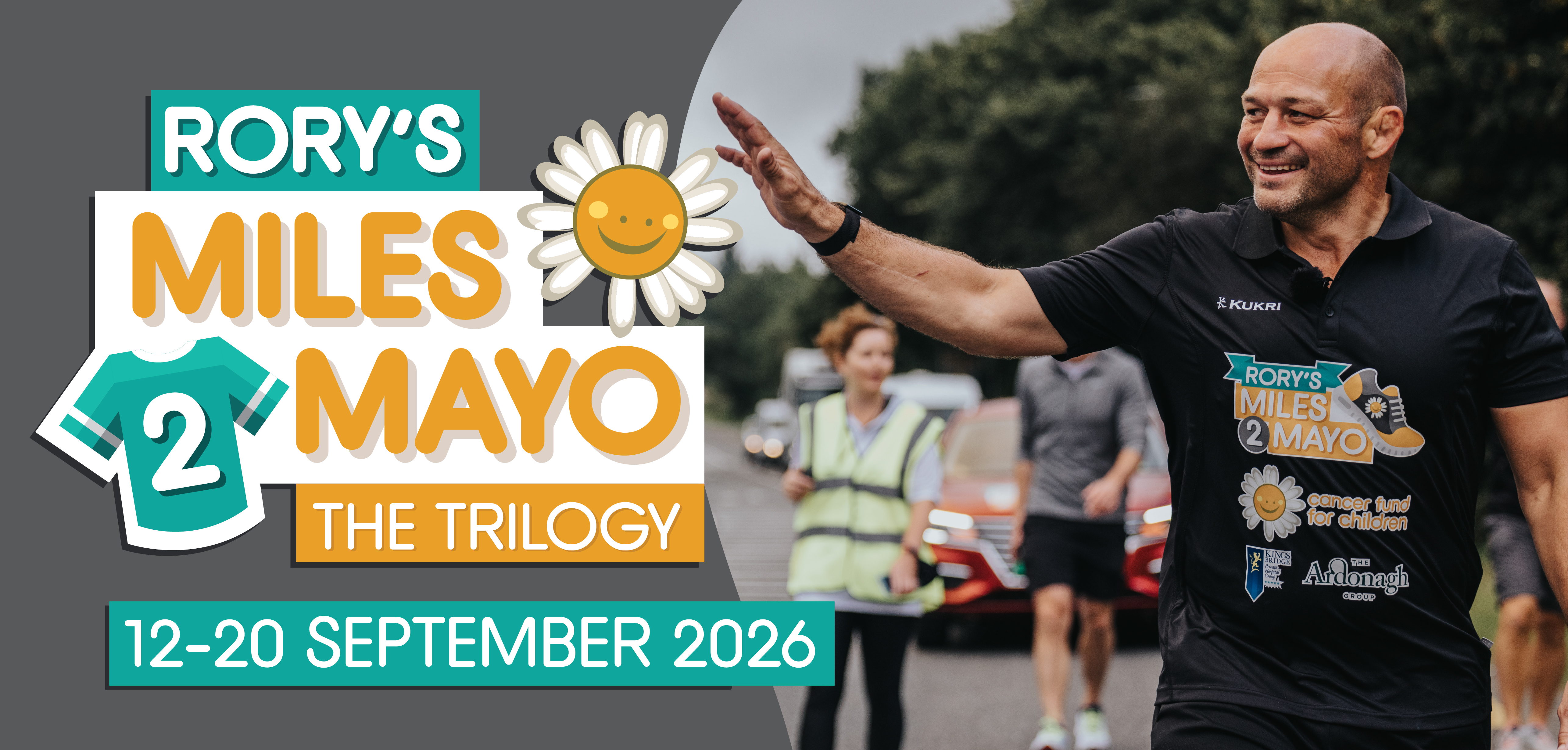 Rory's miles to mayo trilogy from 12th to 20th september 2026, including a smiling photo of Rory Best.