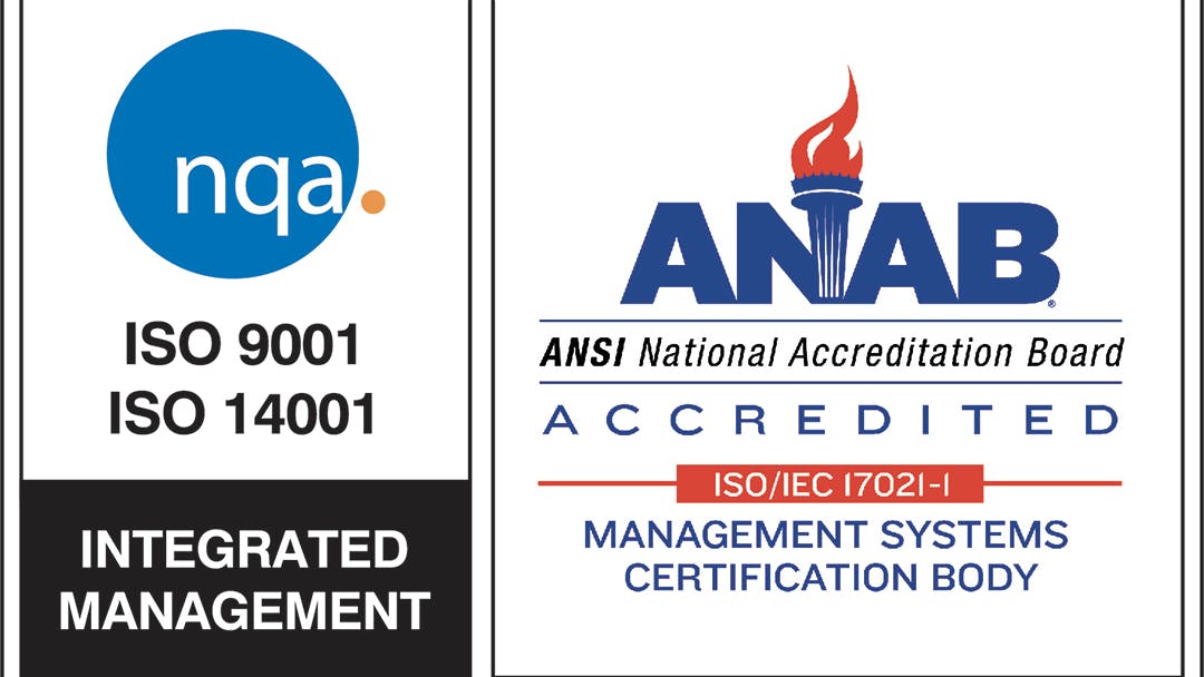 Rosco earns ISO 14001:2015 certification with NQA and ANAB logos for ISO 9001 and integrated management.
