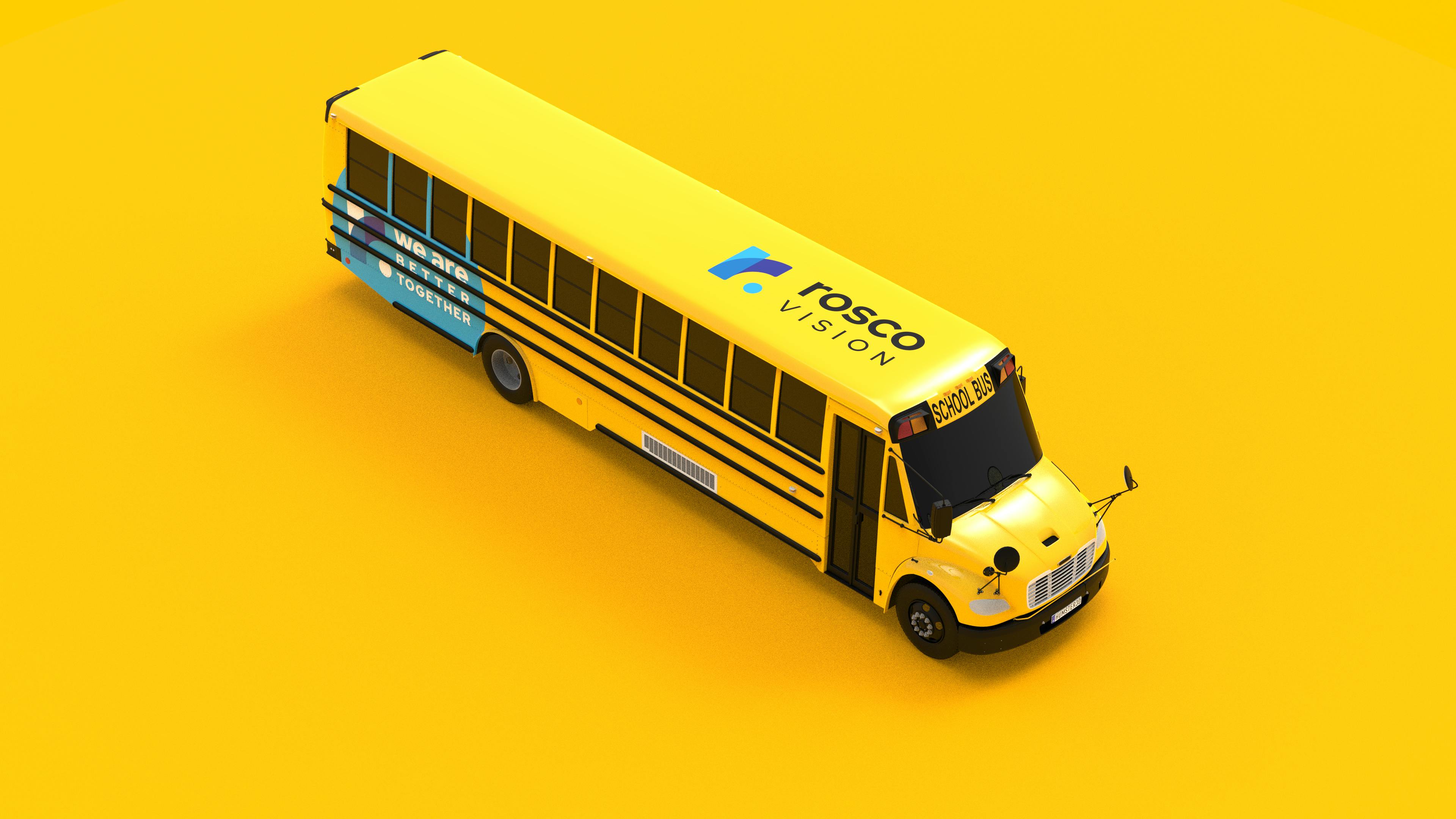 Yellow school bus with Rosco Vision logo, parked against a yellow backdrop to highlight safety technology branding.