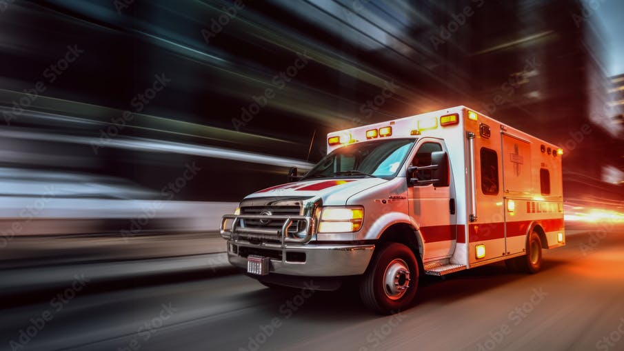 Ambulance with flashing lights drives through city street at night, highlighting emergency response.