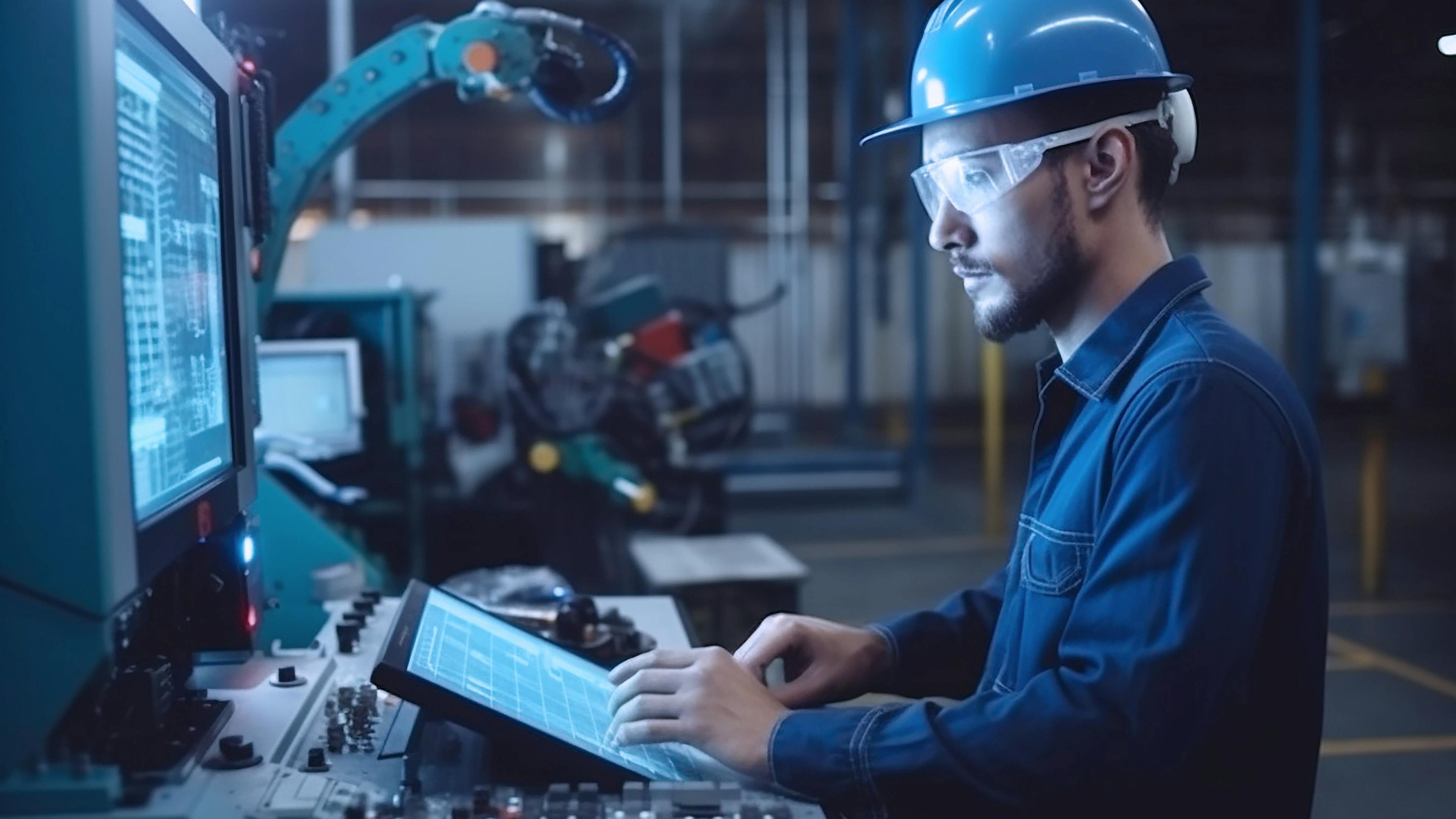 Factory worker in blue uniform uses control panel with screens and buttons in industrial setting.