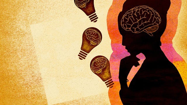 Silhouette of a woman with images of lightbulbs and a brain signifying ideas.
