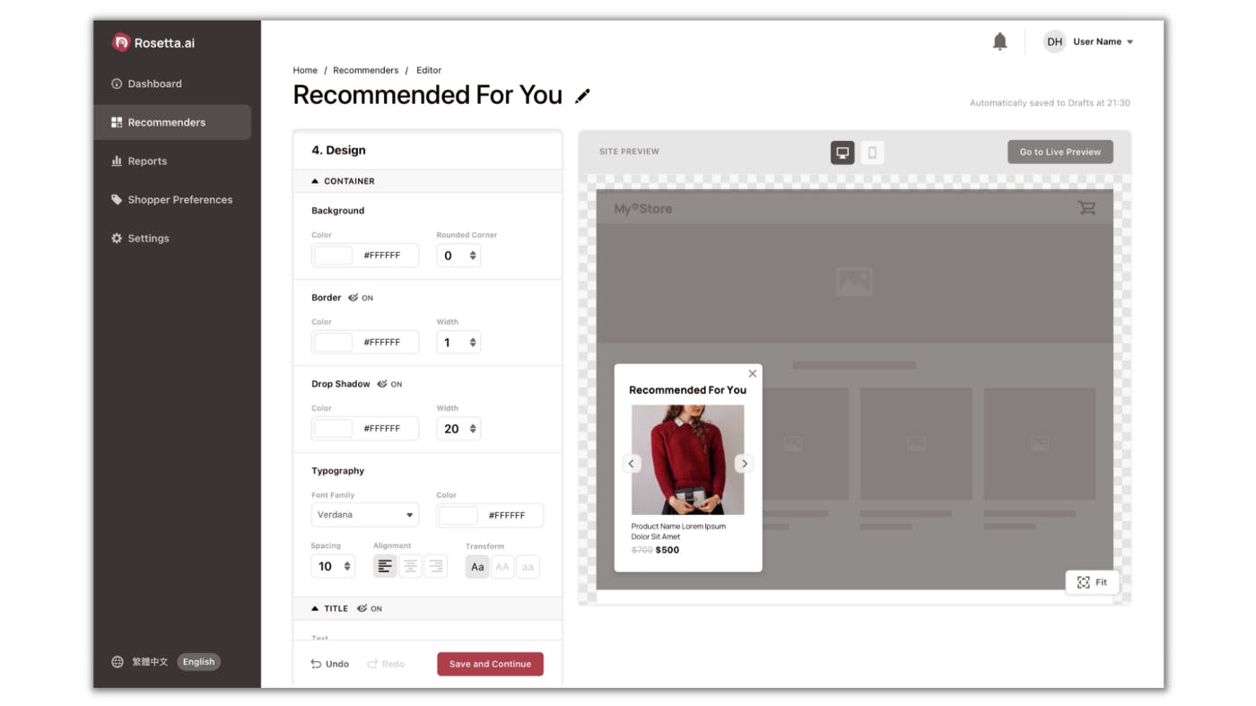 Rosetta AI Personalization Platform Recommended for you customization page