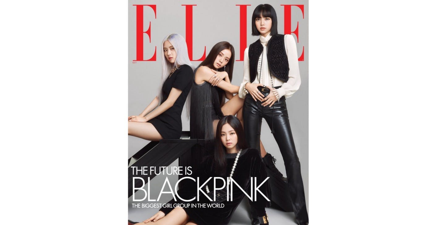 Magazine cover featuring korean pop group black pink