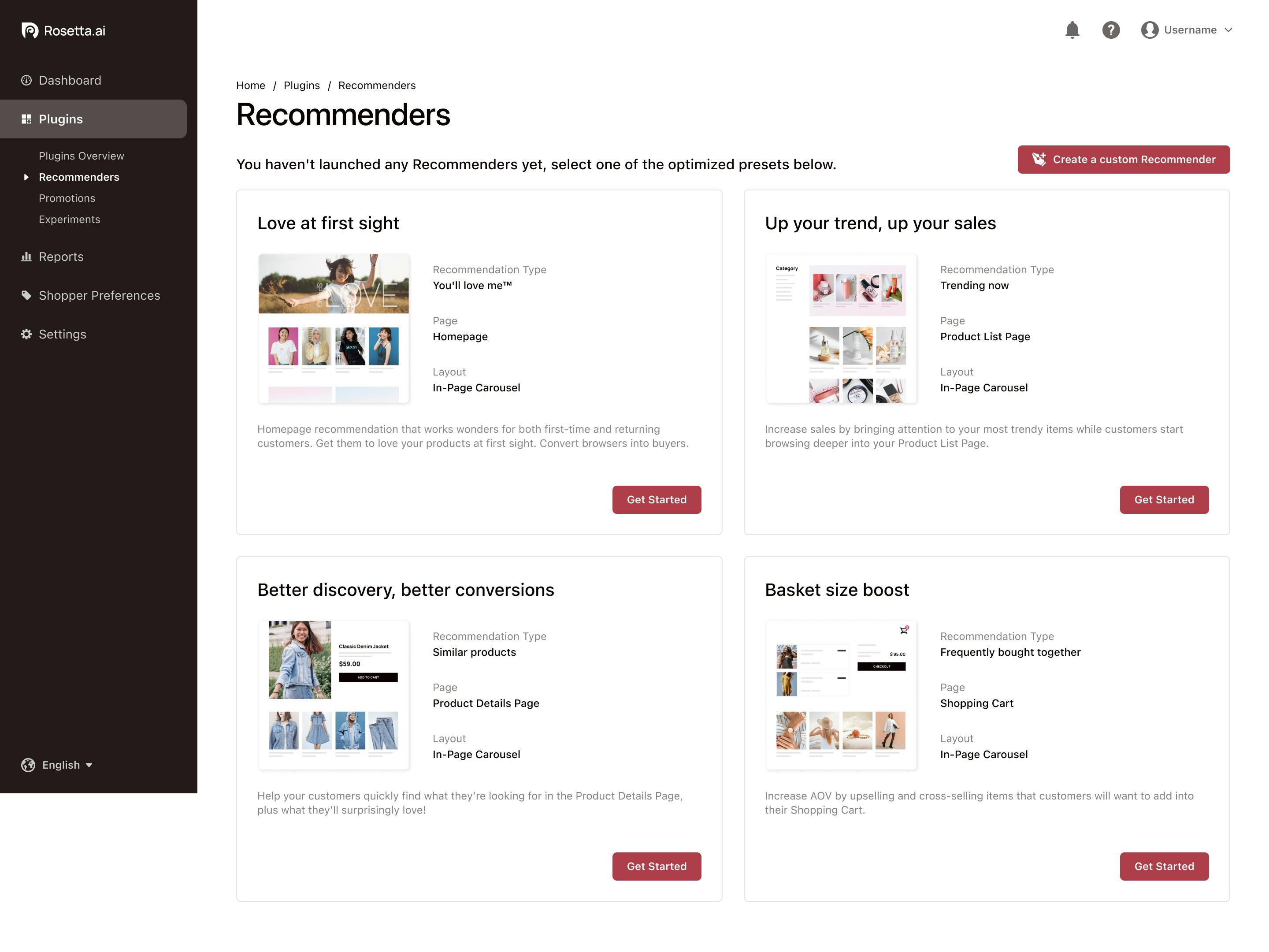 The Rosetta AI dashboard showing the preset recommenders