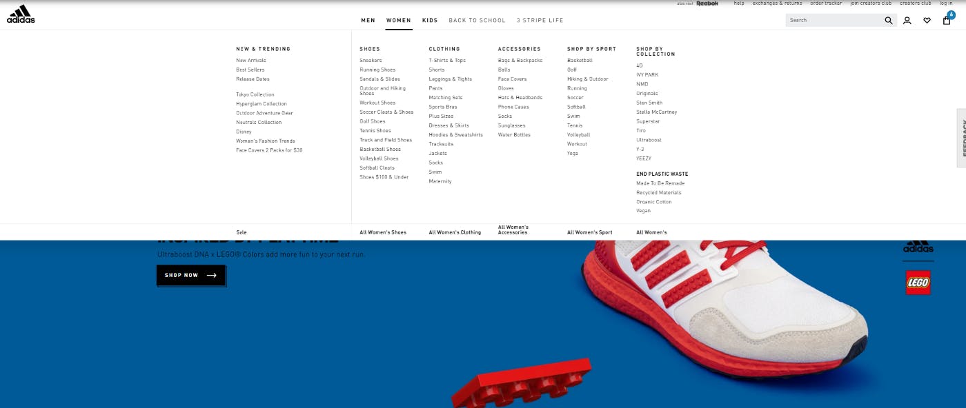 Adidas category page organization