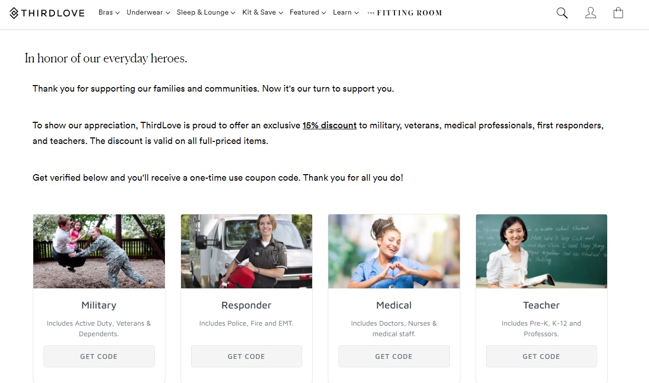 Thirdlove webpage showing discounts for everyday heros