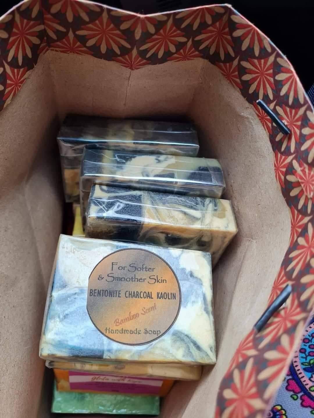 A bag full of colorful hand made soaps from Filipino Cosmetics, Hair and Skin products brand, Mommy E's.