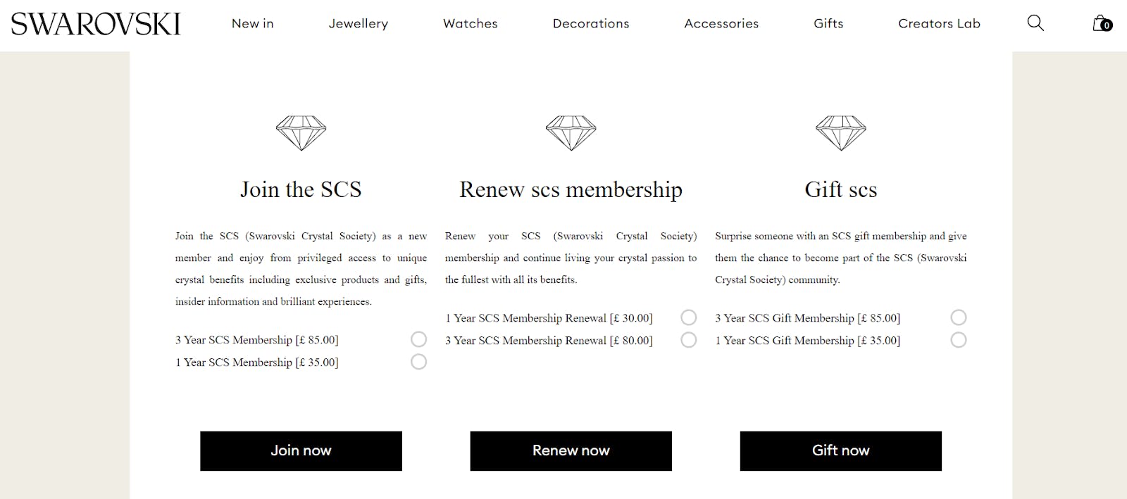 The Swarovski membership signup page.