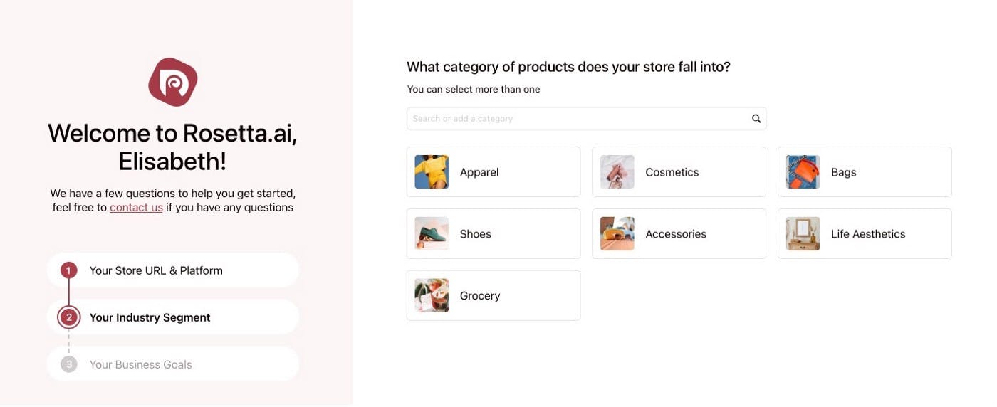 Rosetta AI onboarding industry segment selection page