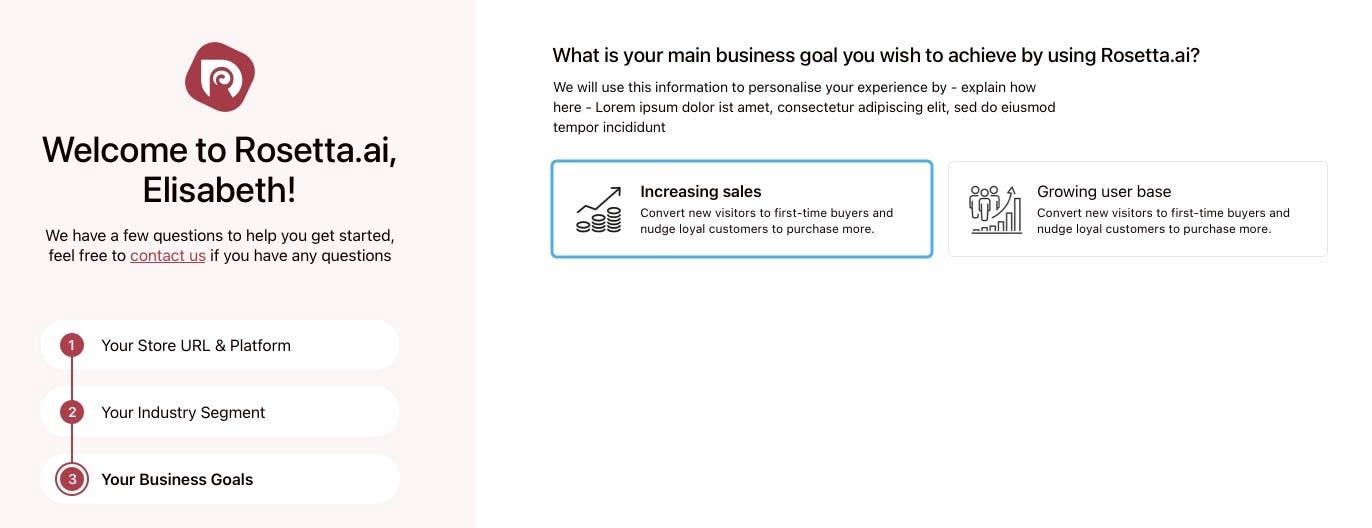 Rosetta AI onboarding business goals selection page
