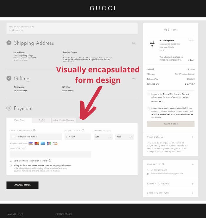 Checkout page signaling security to the user with a visually encapsulated from design.