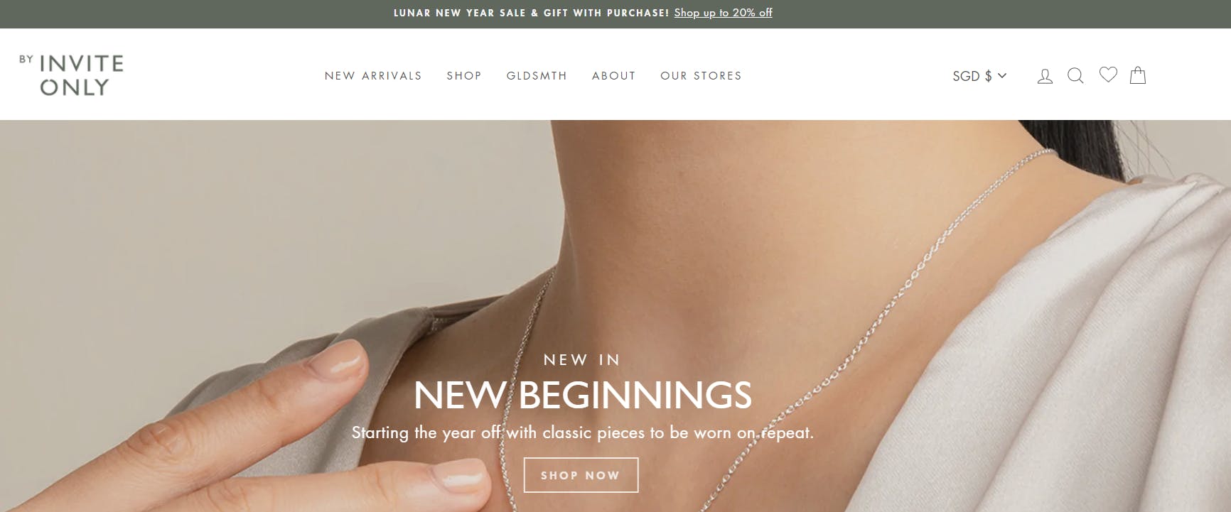 By Invite Only webpage showing a women wearing a thin necklace. 