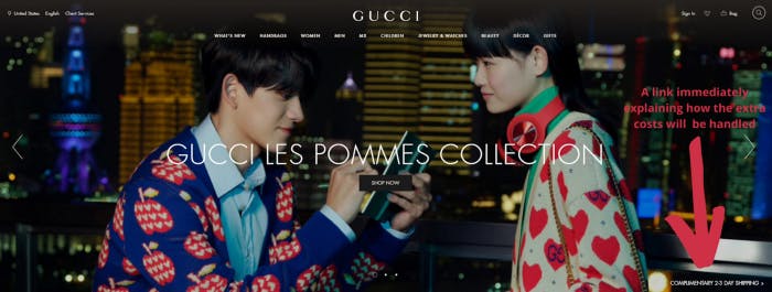 Gucci homepage shipping solution