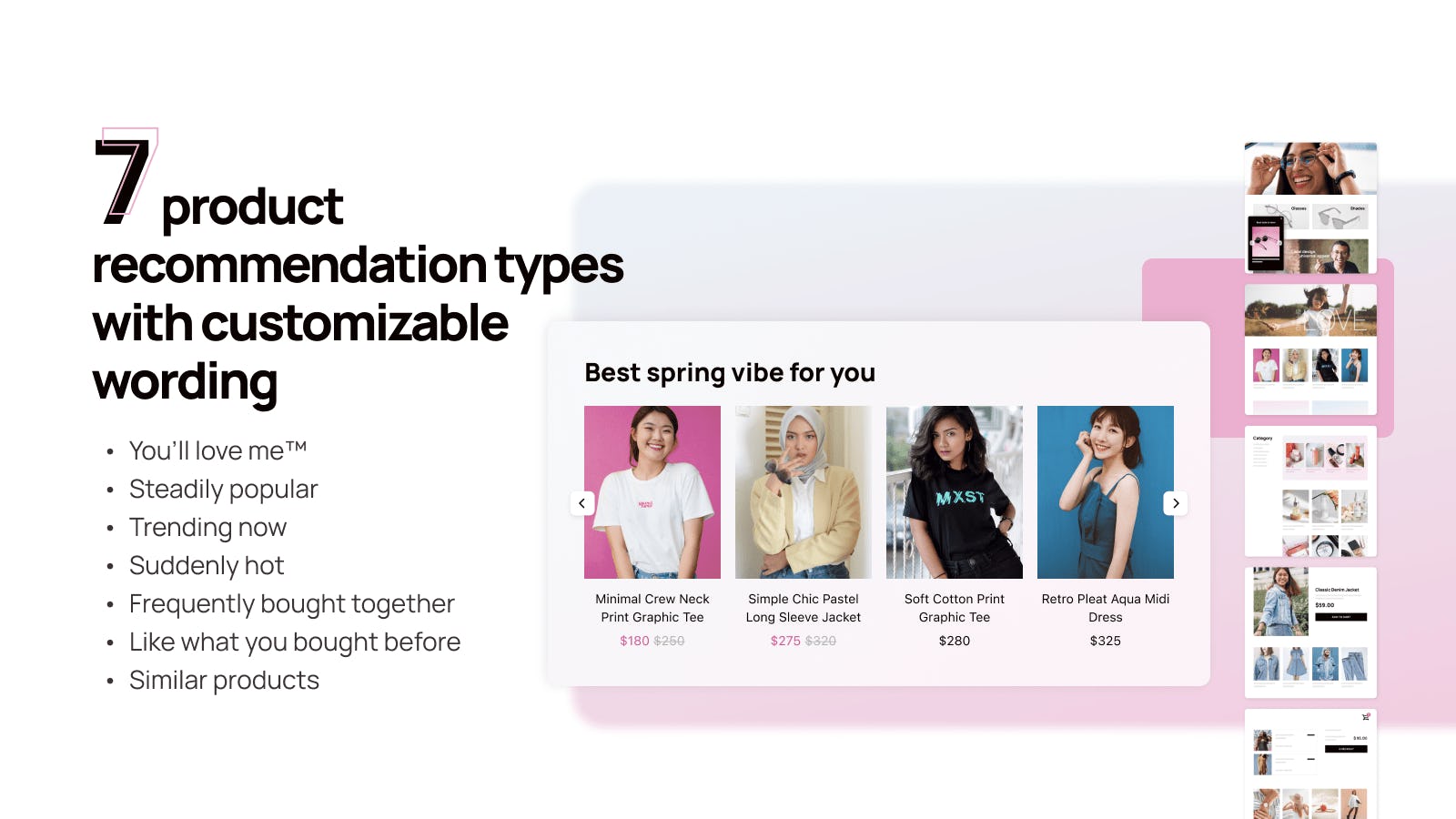 Rosetta AI 7 product recommendation types with customizable wording
