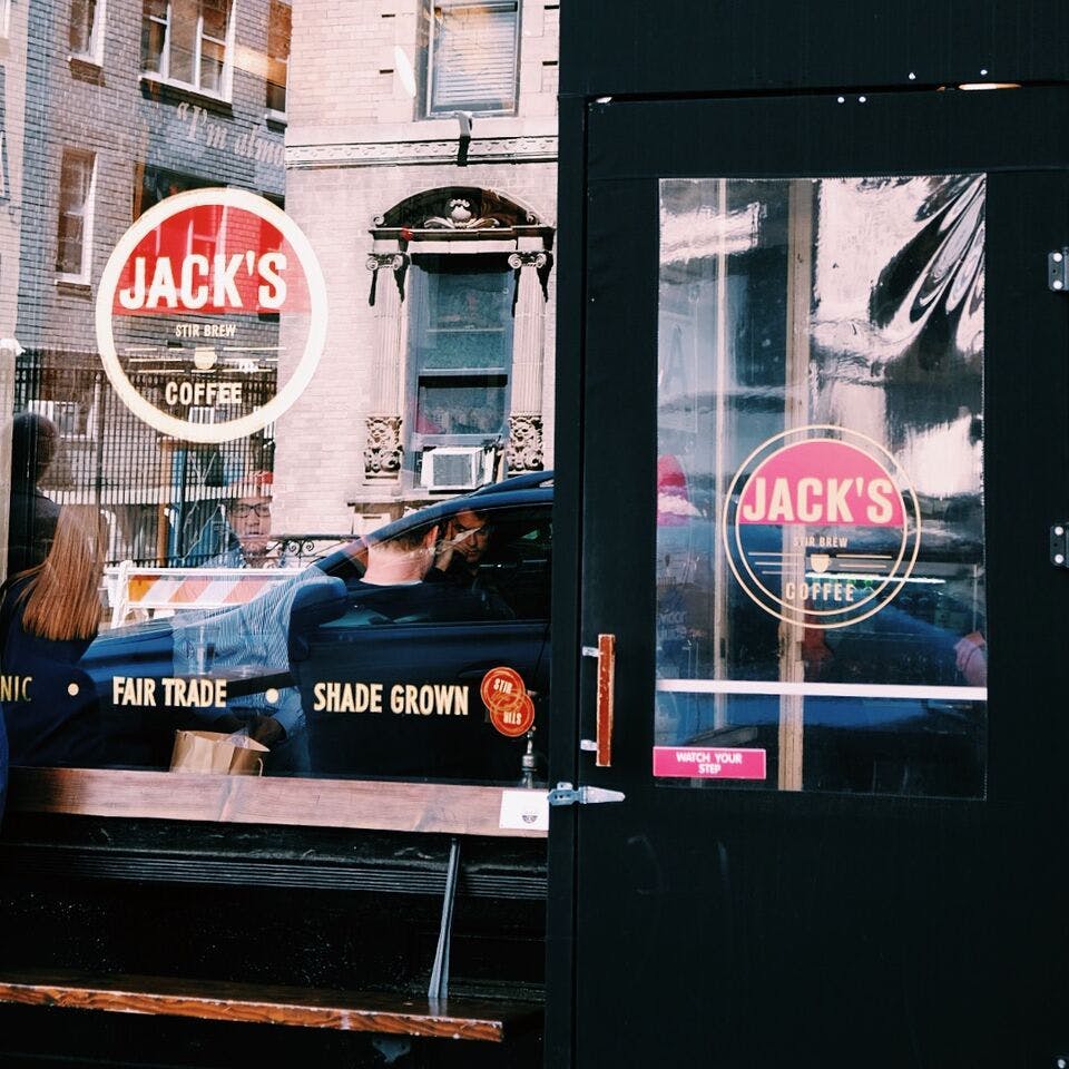 Shop window of Jack's Stir Brew Coffee.