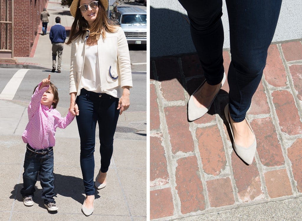 On the left, woman walking with her child while wearing a pair of Rothy's flats. On the right, a close up of neutral-hued Rothy's flats. 