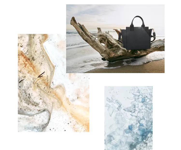 The Handbag in Midnight Navy shown on the beach with marine plastic material in different stages. 