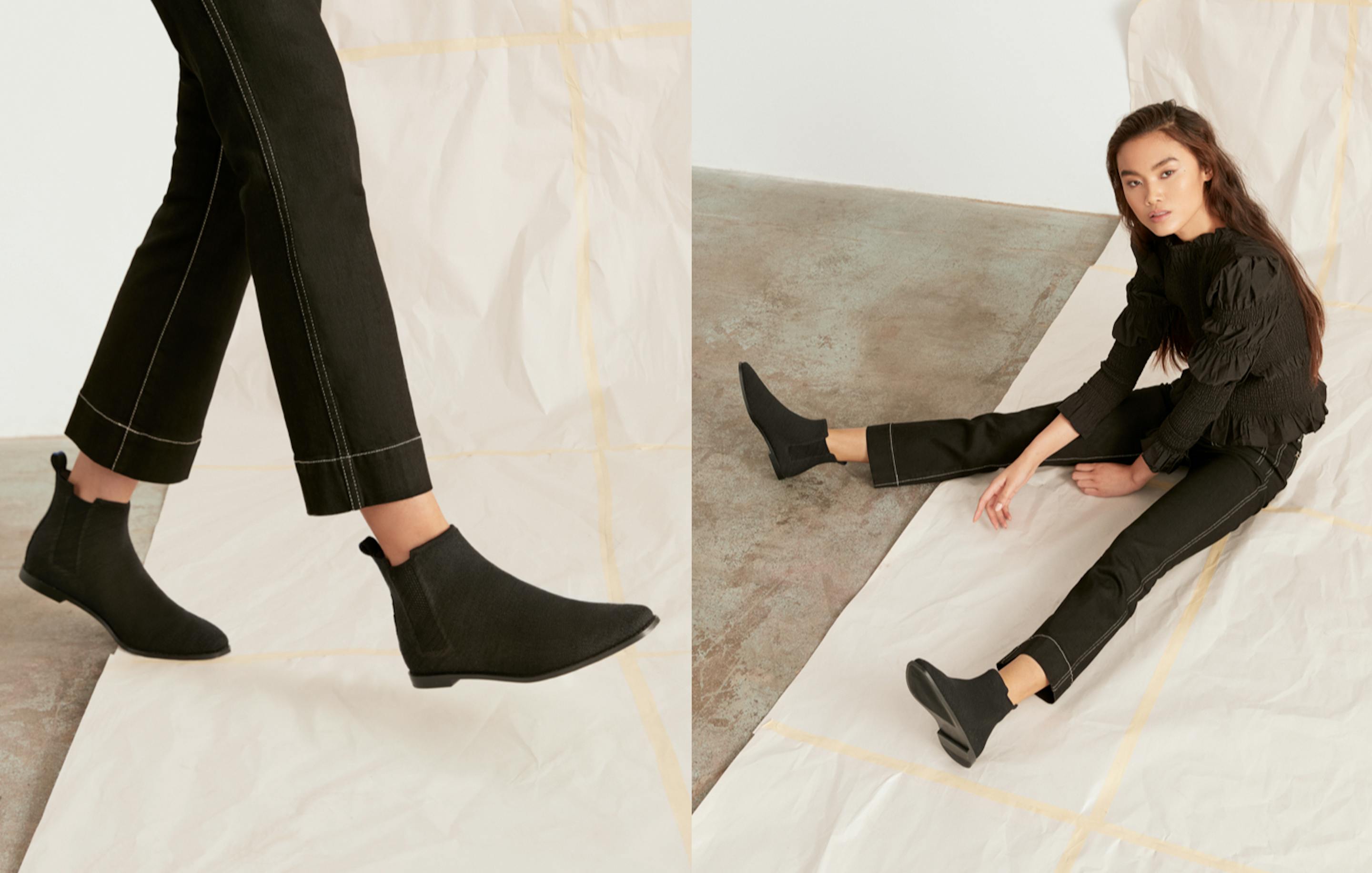 From left to right, close up of model walking in The Merino Ankle Boot in Onyx Black, and Model sitting on ground wearing The Merino Ankle Boot in Onyx Black.