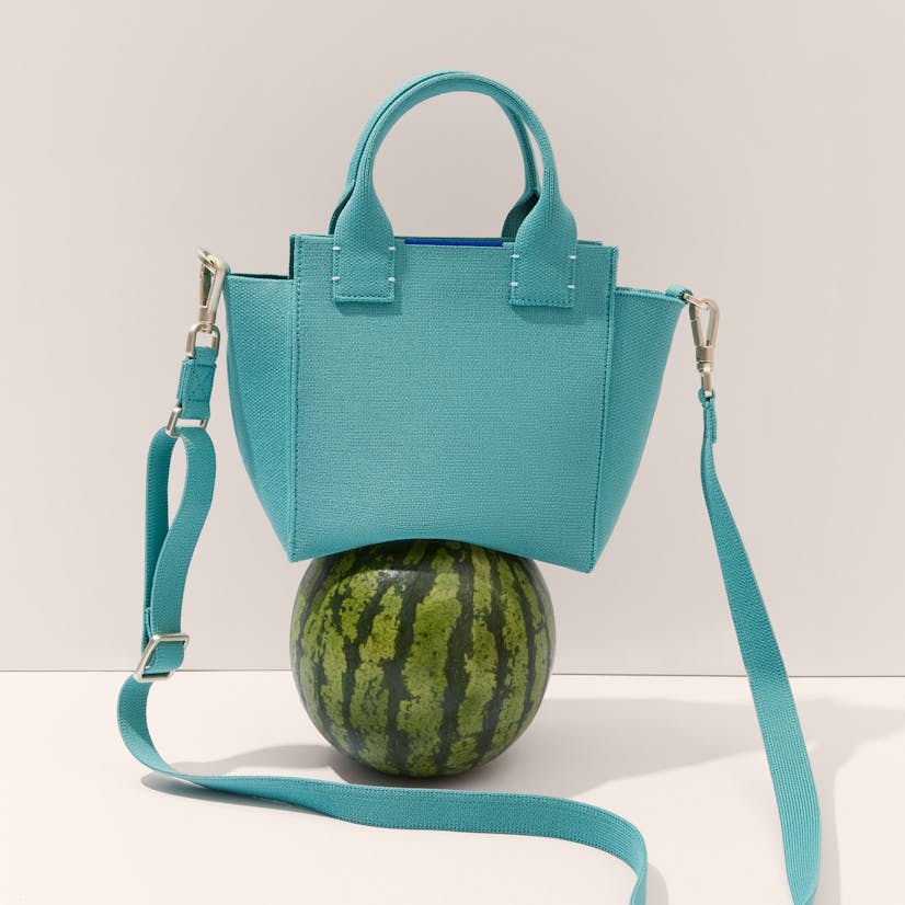The Mini Handbag in Juniper Green shown on top of a watermelon.