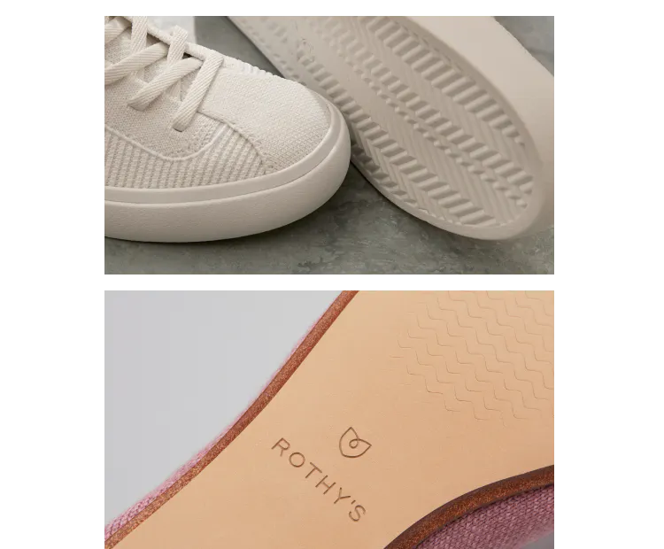 The outsoles of The Lace Up in Bright White and the vegan leather outsoles of a merino style. 