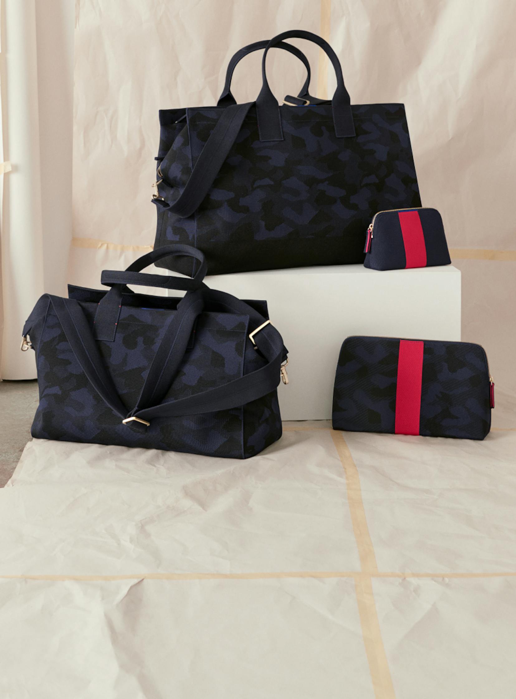 The Overnighter, The Weekender and The Vanity Set in Midnight Camo from left to right.