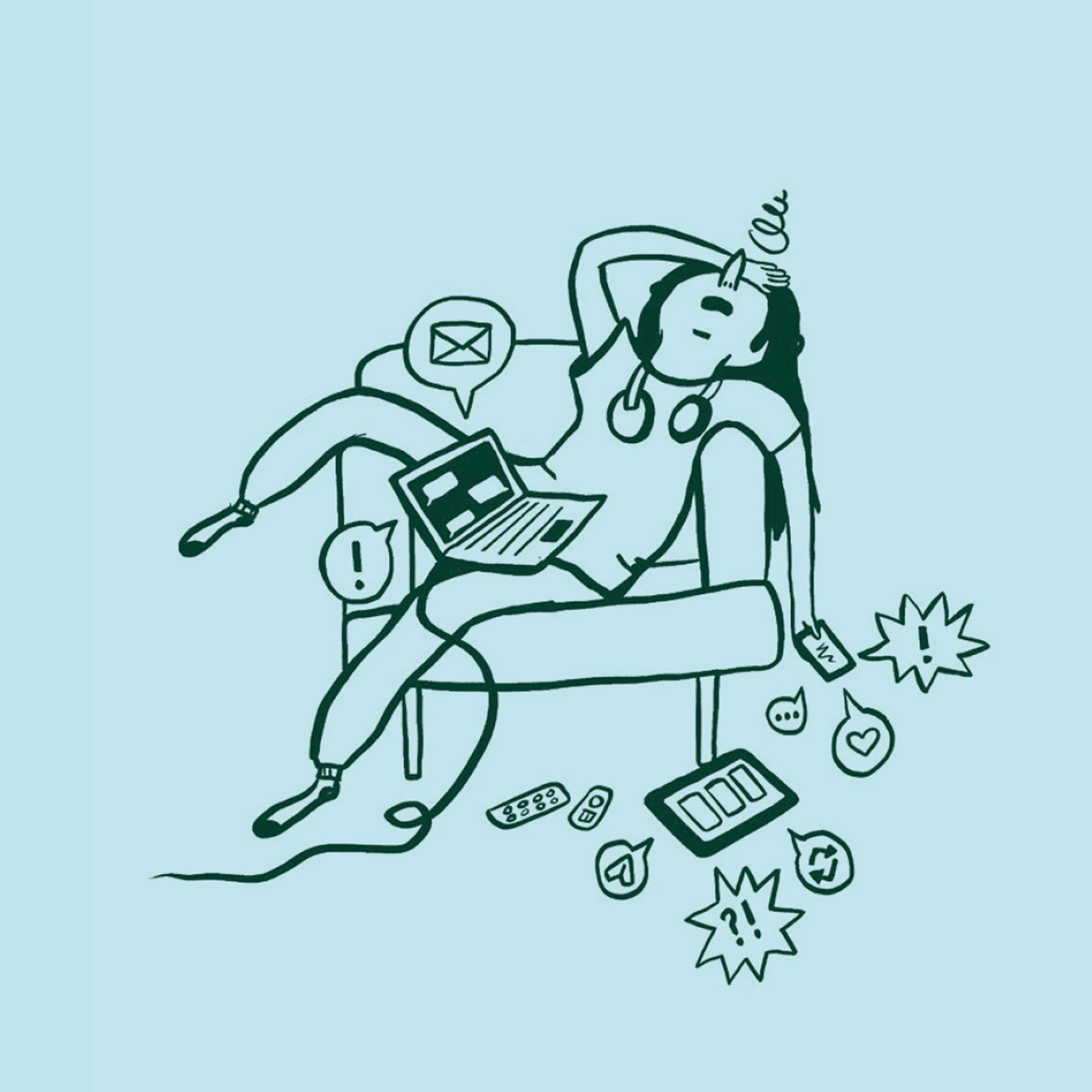 Illustration som visar stress från ständiga notiser i våra digitala verktyg och kanaler