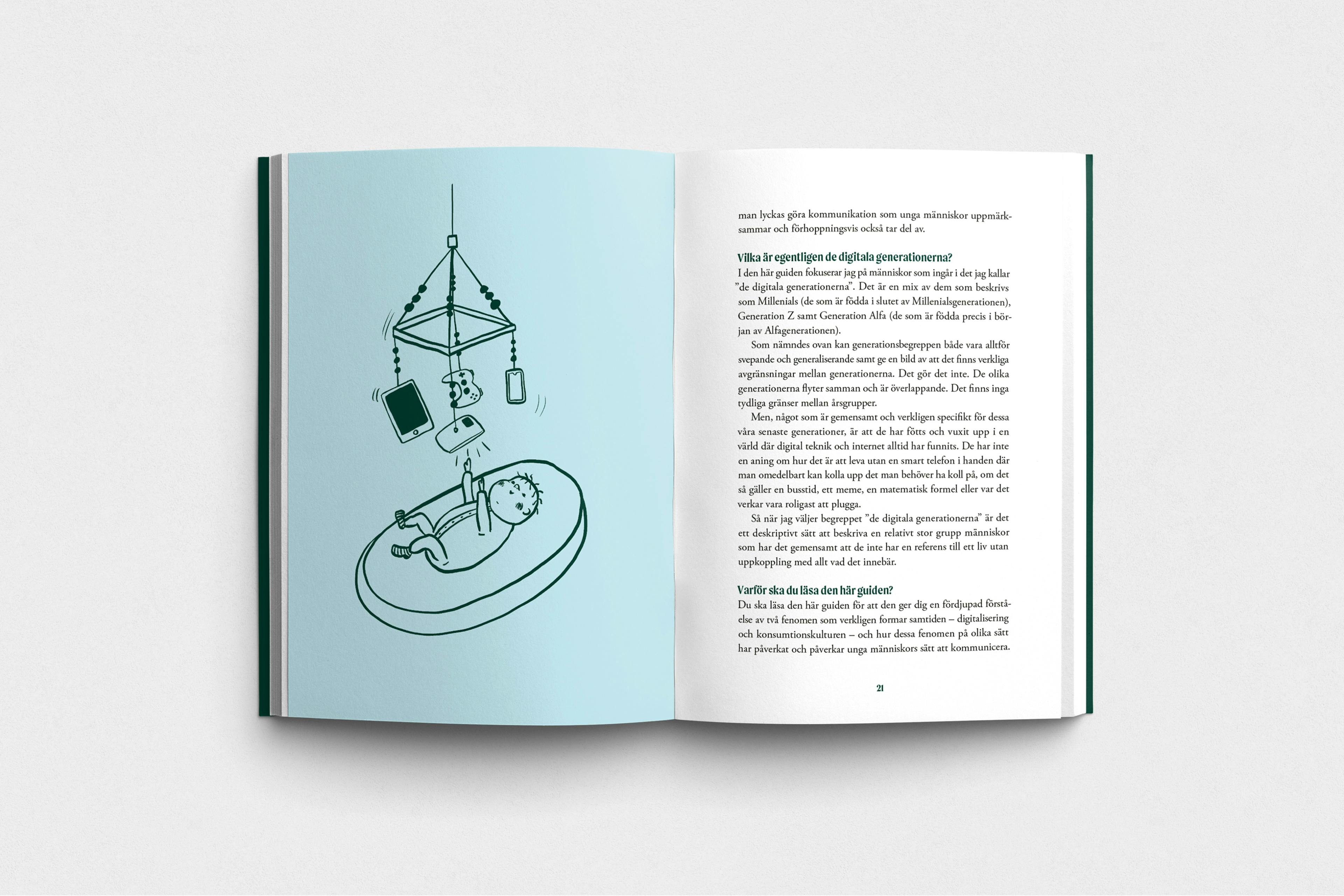 Illustration som visar bebis som leker med telefoner och digitala redskap redan i sin kribba.