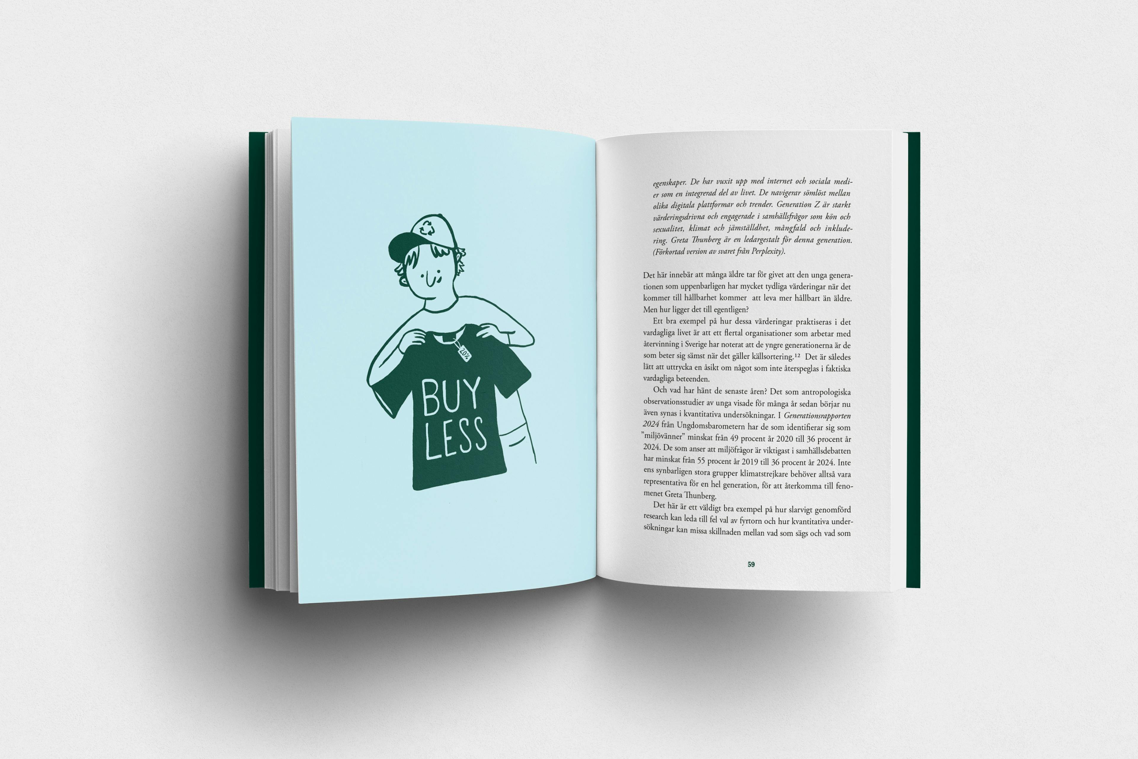 Sida ur boken med illustration som trycker på minska förbrukandet och att köpa mindre