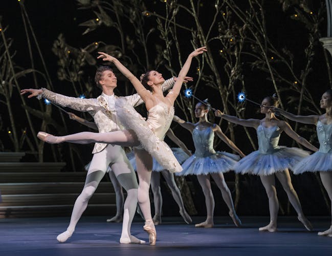 Two dancers stand front of stage in a pose together. Behind them are other dancers, standing in the trees.