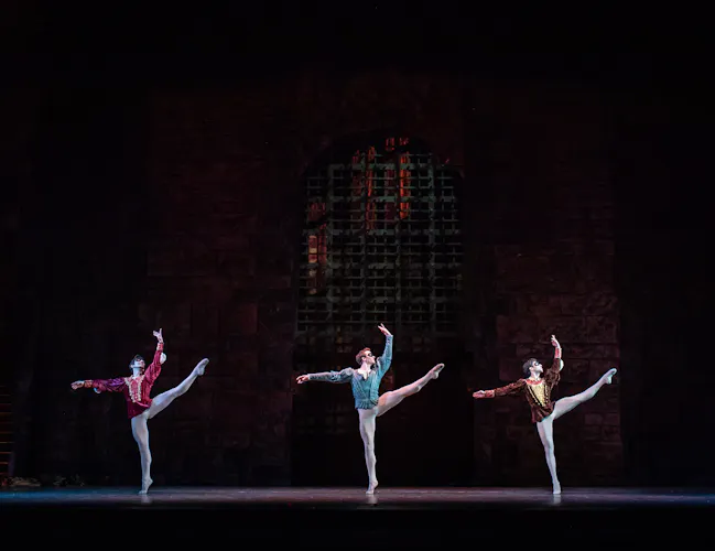 Valentino Zucchetti as Mercutio, Matthew Ball as Romeo and James Hay as Benvolio in Romeo and Juliet, The Royal Ballet, ©2019 ROH. Photographed by Helen Maybanks (3 of 3)