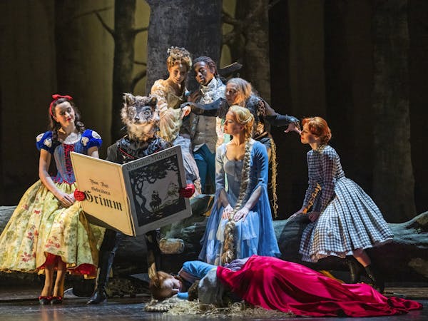 A production of Hansel and Gretel performed by The Royal Opera. As Hansel and Gretel are asleep on the forest floor, a group of fantastical characters inspired by fairy tales, including Snow White and Rapunzel, sit on a felled tree and read from a Brother's Grimm storybook.