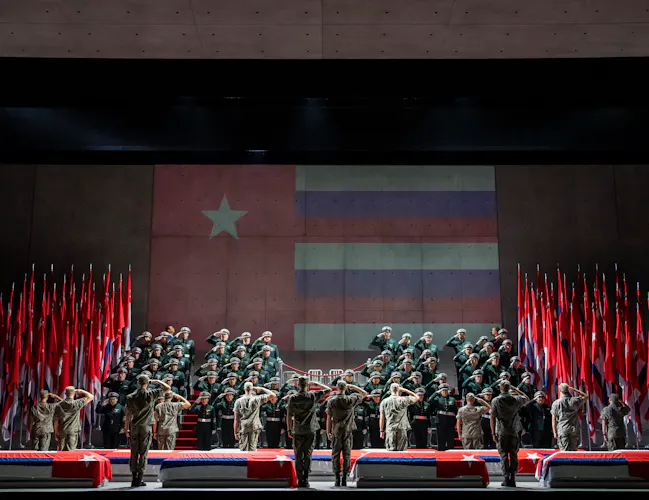 Large group of soldiers with their backs facing the camera saluting a flag that hangs at the back of the stage.