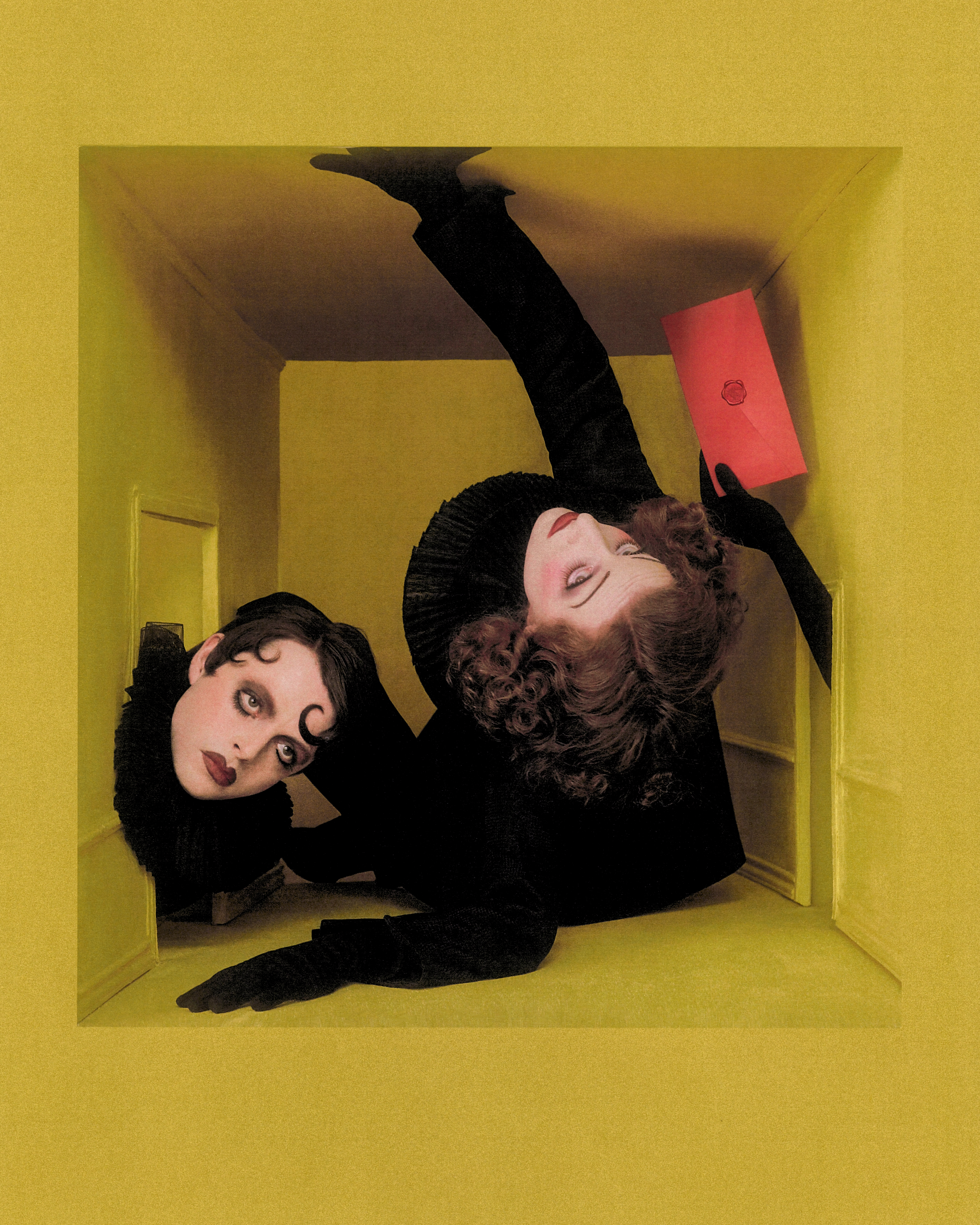 Dark figures appear as shadows in a yellow room. One of them holds a red envelope containing an invite. (2 of 4)