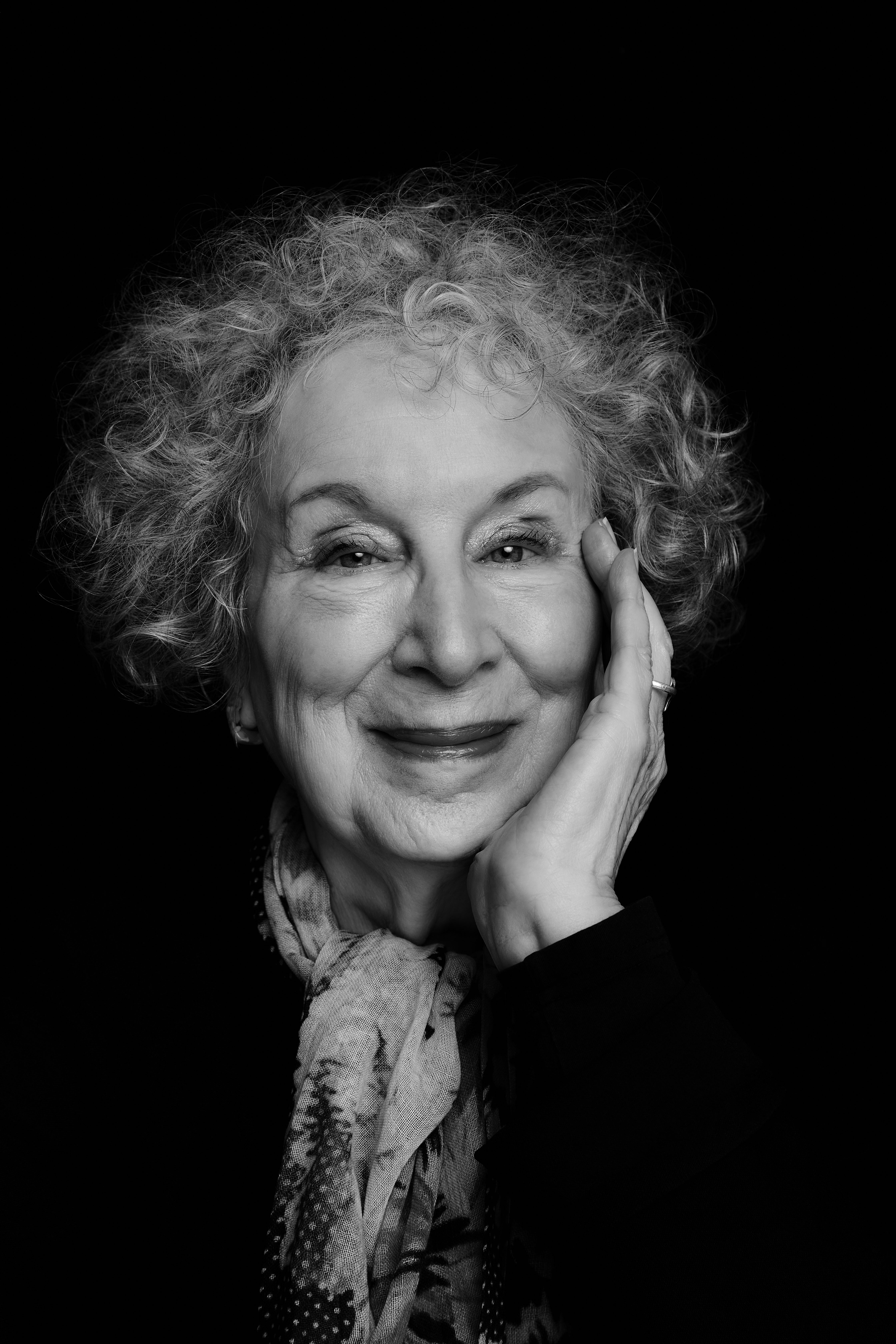 A black and white headshot of Canadian author Margaret Atwood.