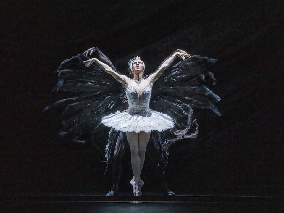The White Swan dances en pointe during a performance of Swan Lake.