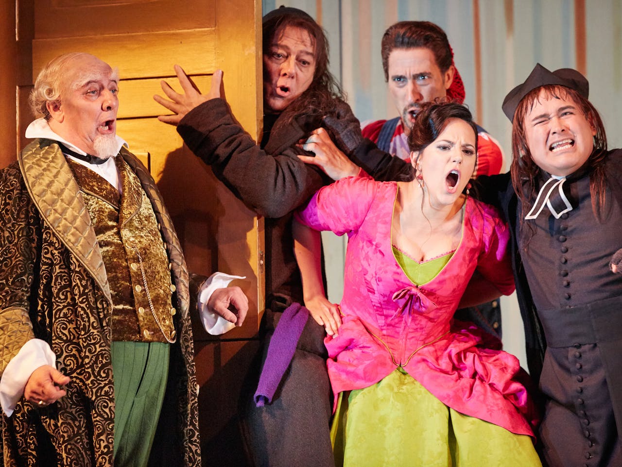 José Fardilha as Don Bartolo, Ferruccio Furlanetto as Don Basilio, Vito Priante as Figaro, Daniela Mack as Rosina and Javier Camarena as Count Almaviva in Il barbiere di Siviglia, The Royal Opera © 2016 ROH. Photograph by Mark Douet