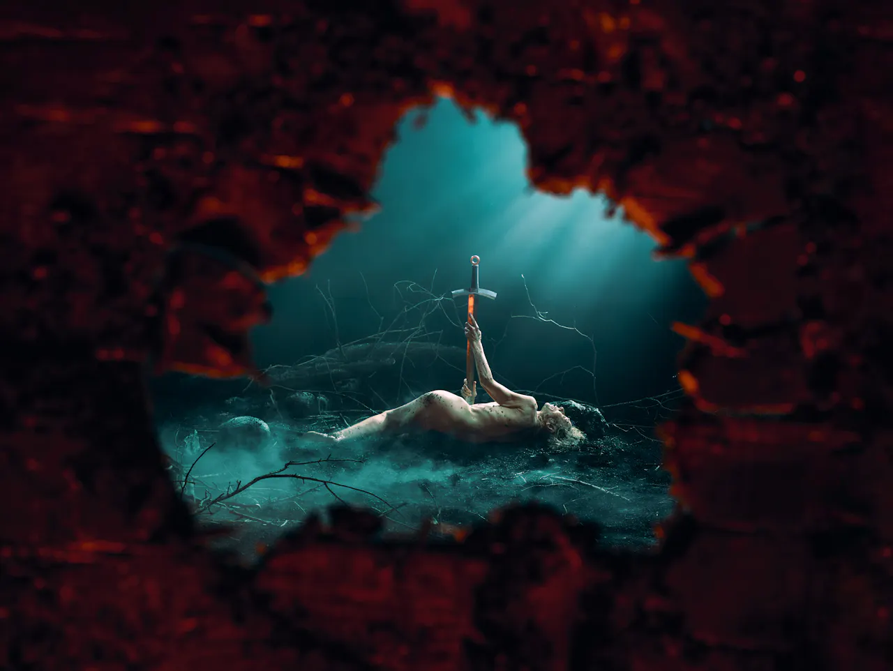 A naked man lies on a dark forest floor impaled by a large sword as the viewer watches from a hollowed tree.