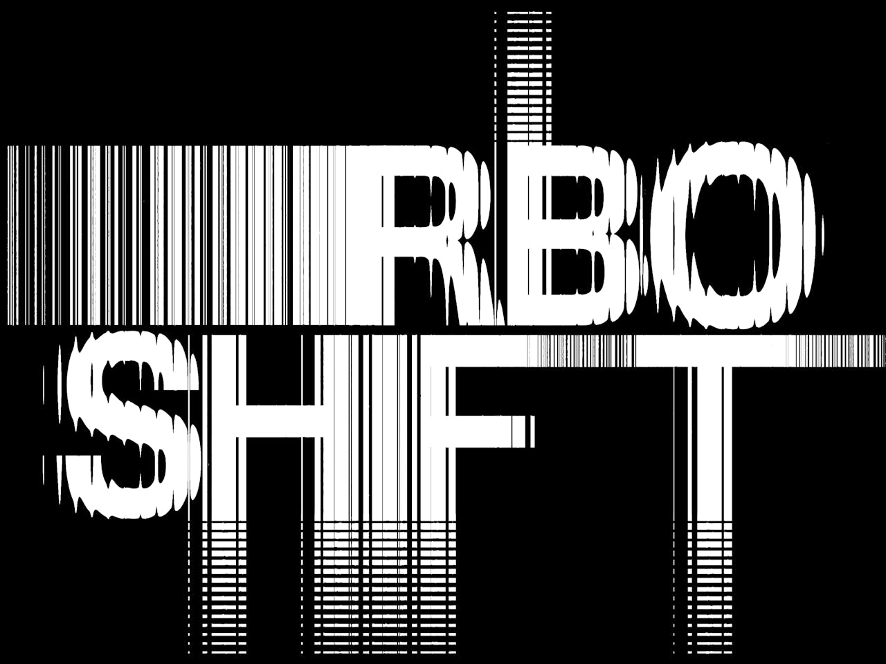 On a black background are the words RBO SHIFT in white capitalised letters in a simple font over two lines with RBO on the top and SHIFT on the bottom. The letters have been designed to look like the words are in movement with vertical lines splitting through some of the letters in a seemingly random way. The letter B on the the top has horizontal lines going to the top of the image and the letters H I F and T have a similar effect going to the bottom of the image. This is the logo for RBO SHIFT, a festival exploring the intersection of opera and technology.