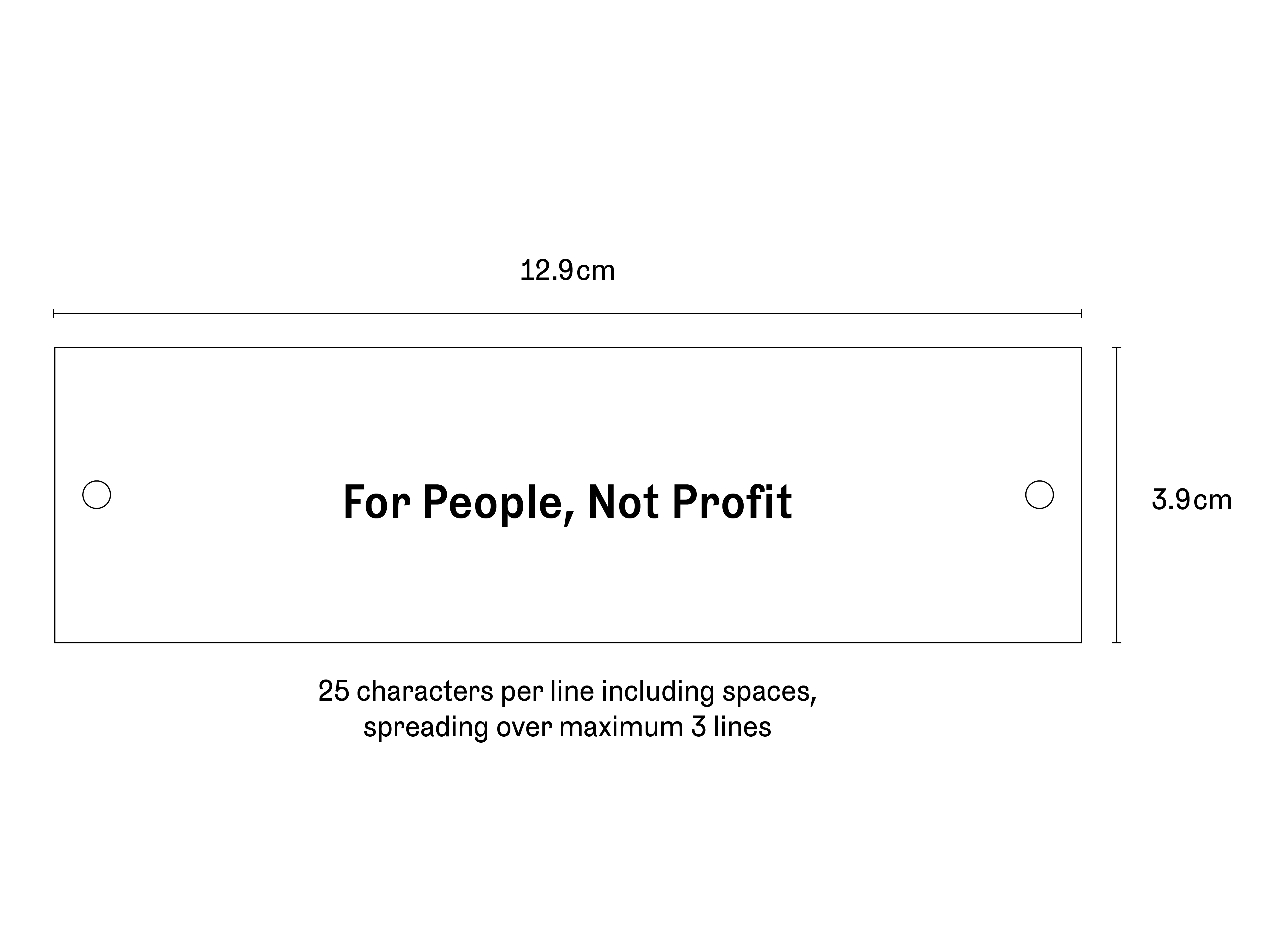 Line drawing of a plaque that can be attached to a seat in the Main Stage auditorium. Measurements listed as 12.9cm by 3.9m.