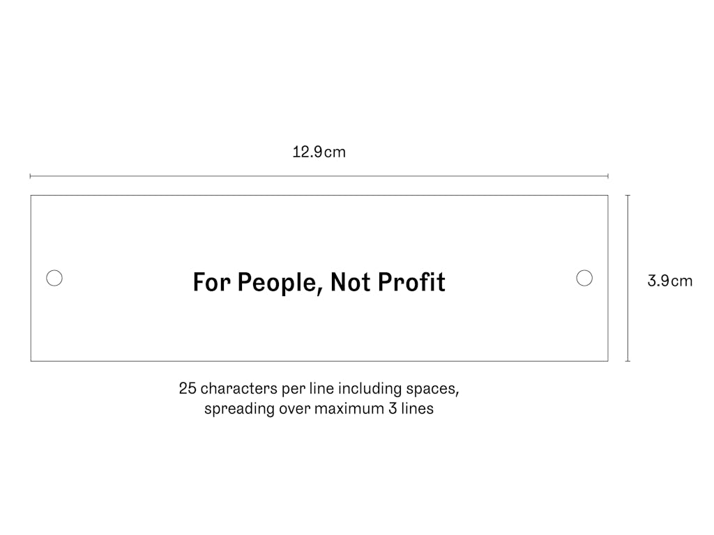 Line drawing of a plaque that can be attached to a seat in the Main Stage auditorium. Measurements listed as 12.9cm by 3.9m.