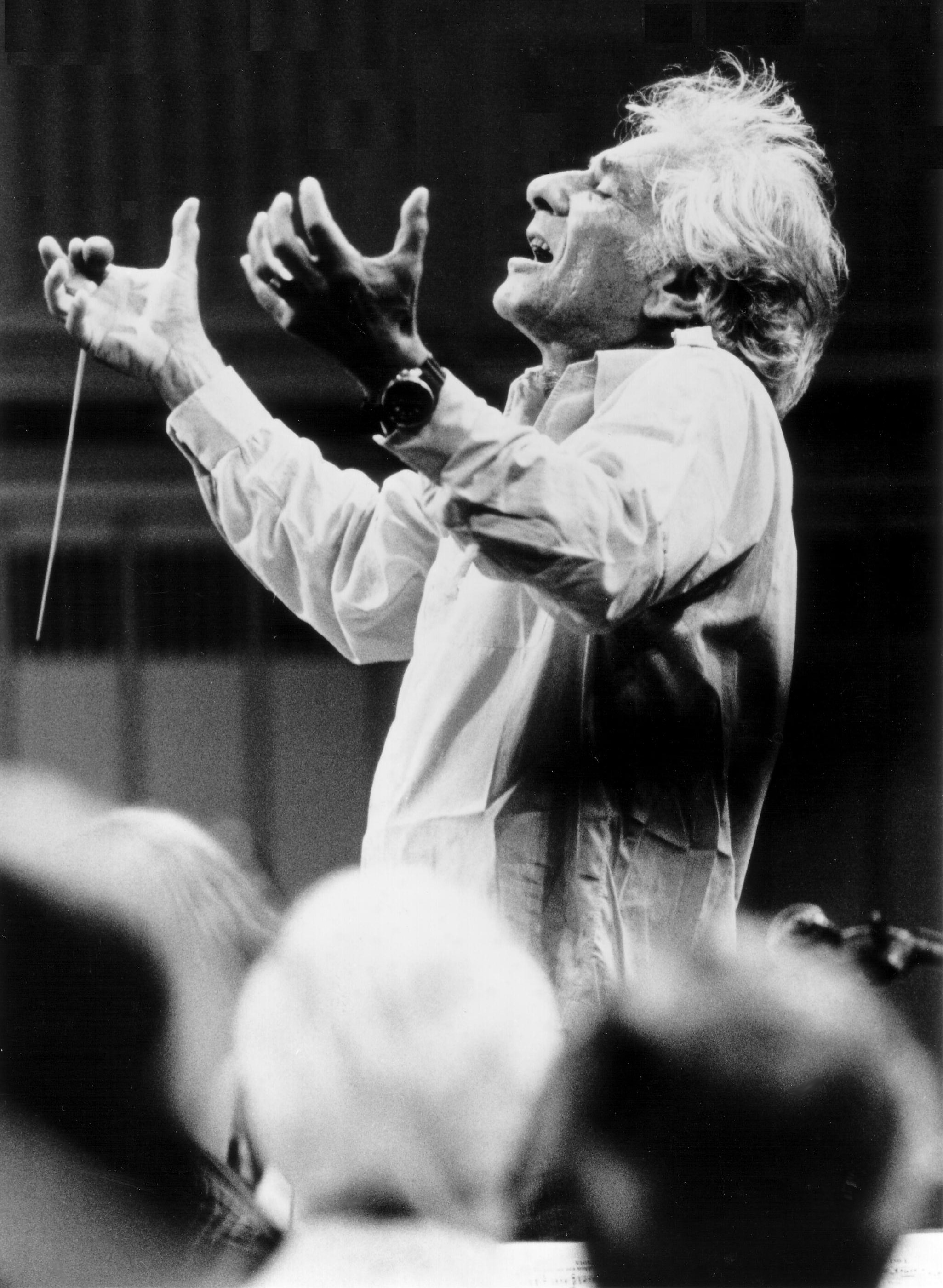 Leonard Bernstein conducts an orchestra. Both his arms are raised and he is holding a baton in his right hand. 