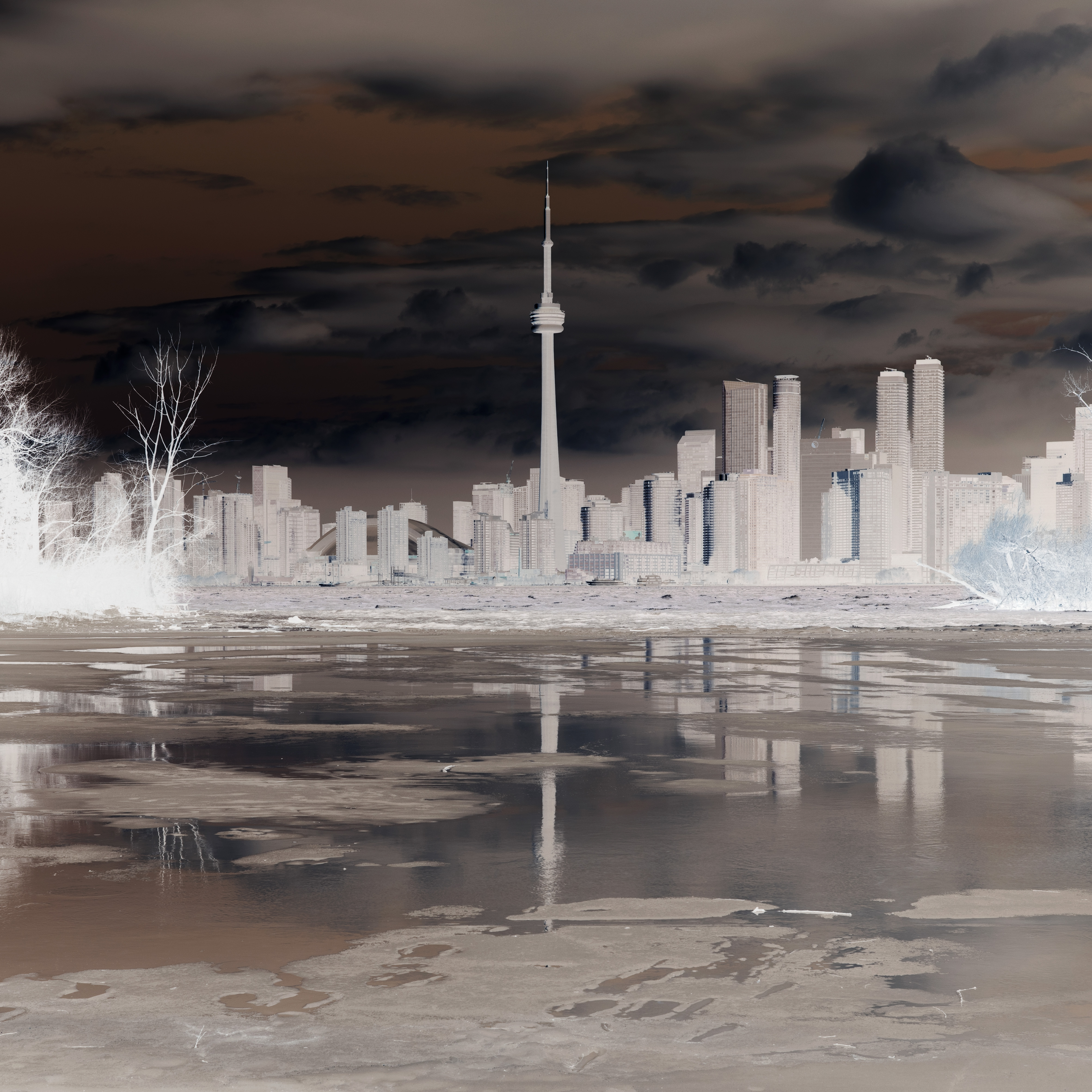 An abstract image of the Toronoto skyline, the colours have been inverted.